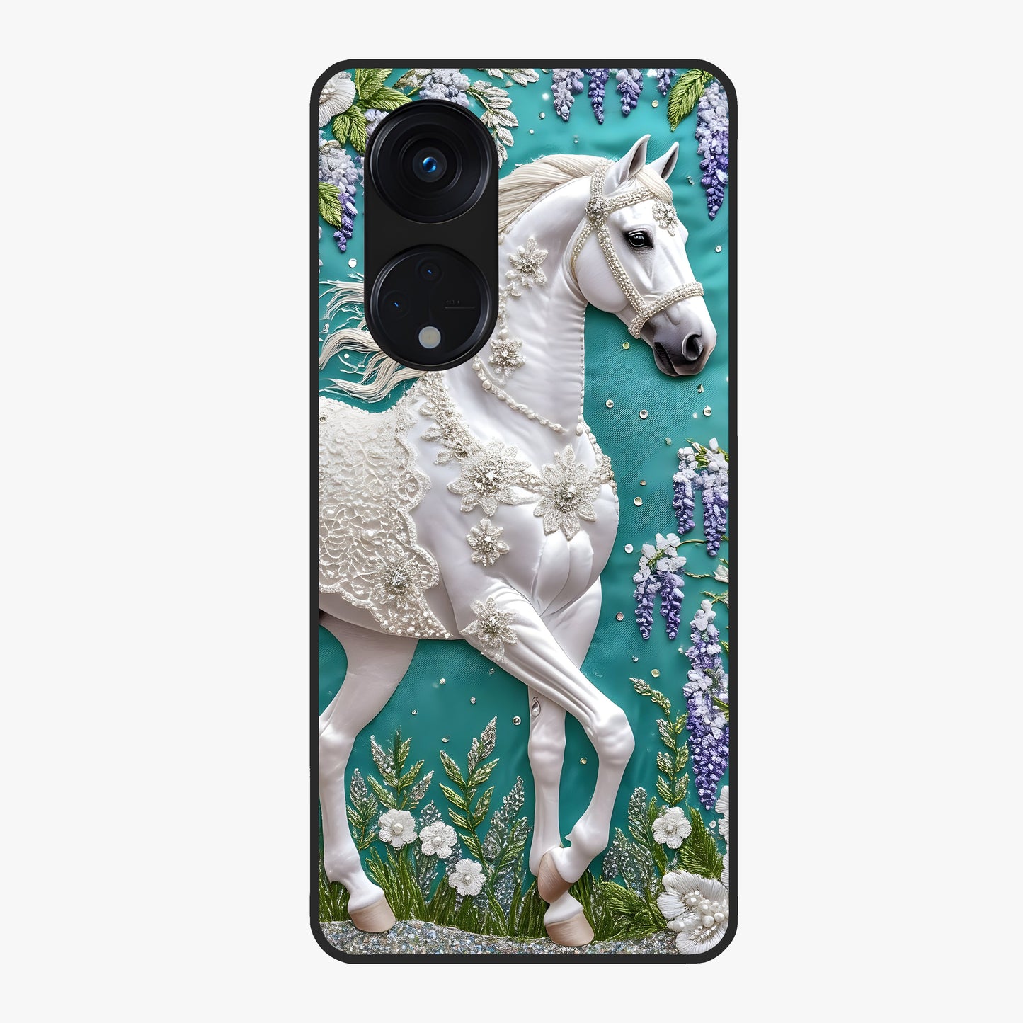 Majestic Floral Stallion Glass Case showing flat back view with powerful horse and floral artwork and glossy glass finish.