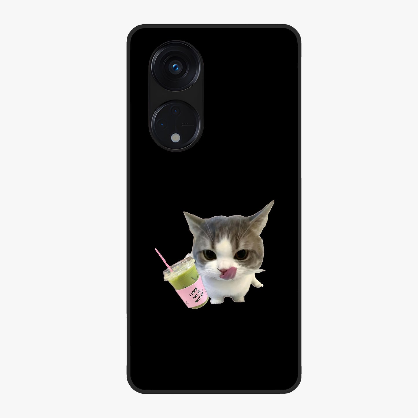 Matcha Cat Style Glass Case showing flat back view with cute matcha themed cat artwork and glossy glass finish.