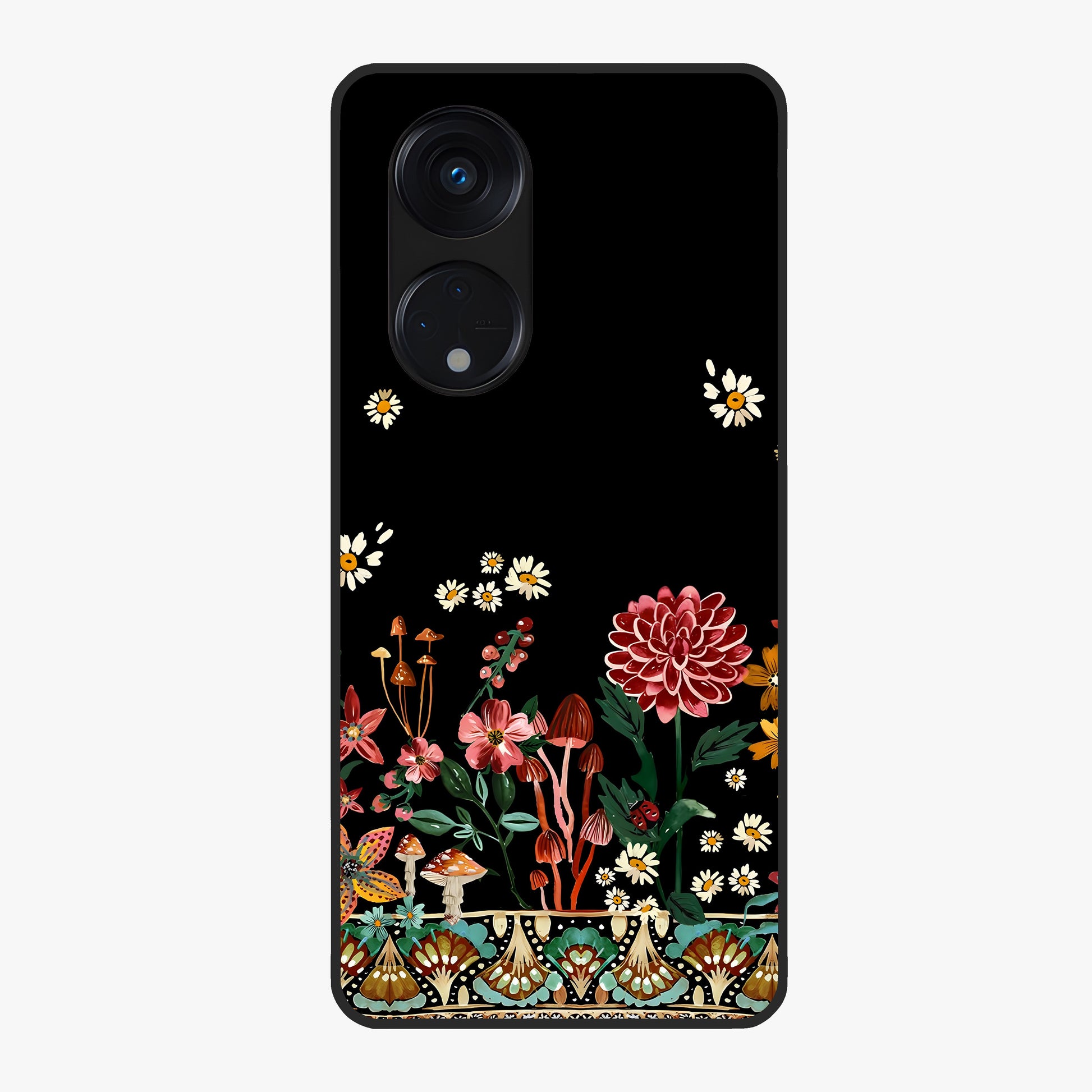 Midnight Bloom Pattern Glass Case showing flat back view with dark floral pattern artwork and glossy glass finish.