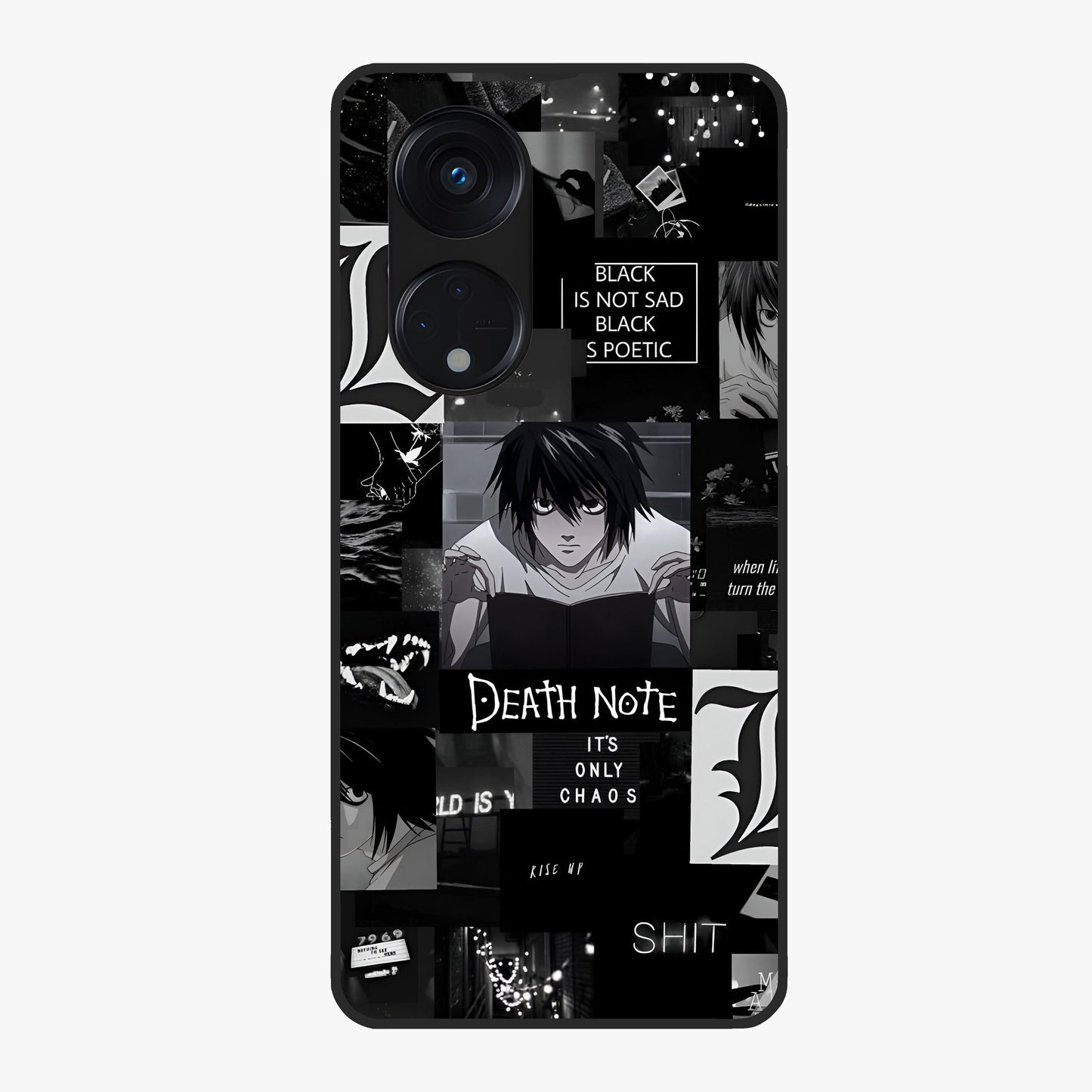 Midnight Chaos Mind Glass Case showing flat back view with abstract dark themed artwork and glossy glass finish.