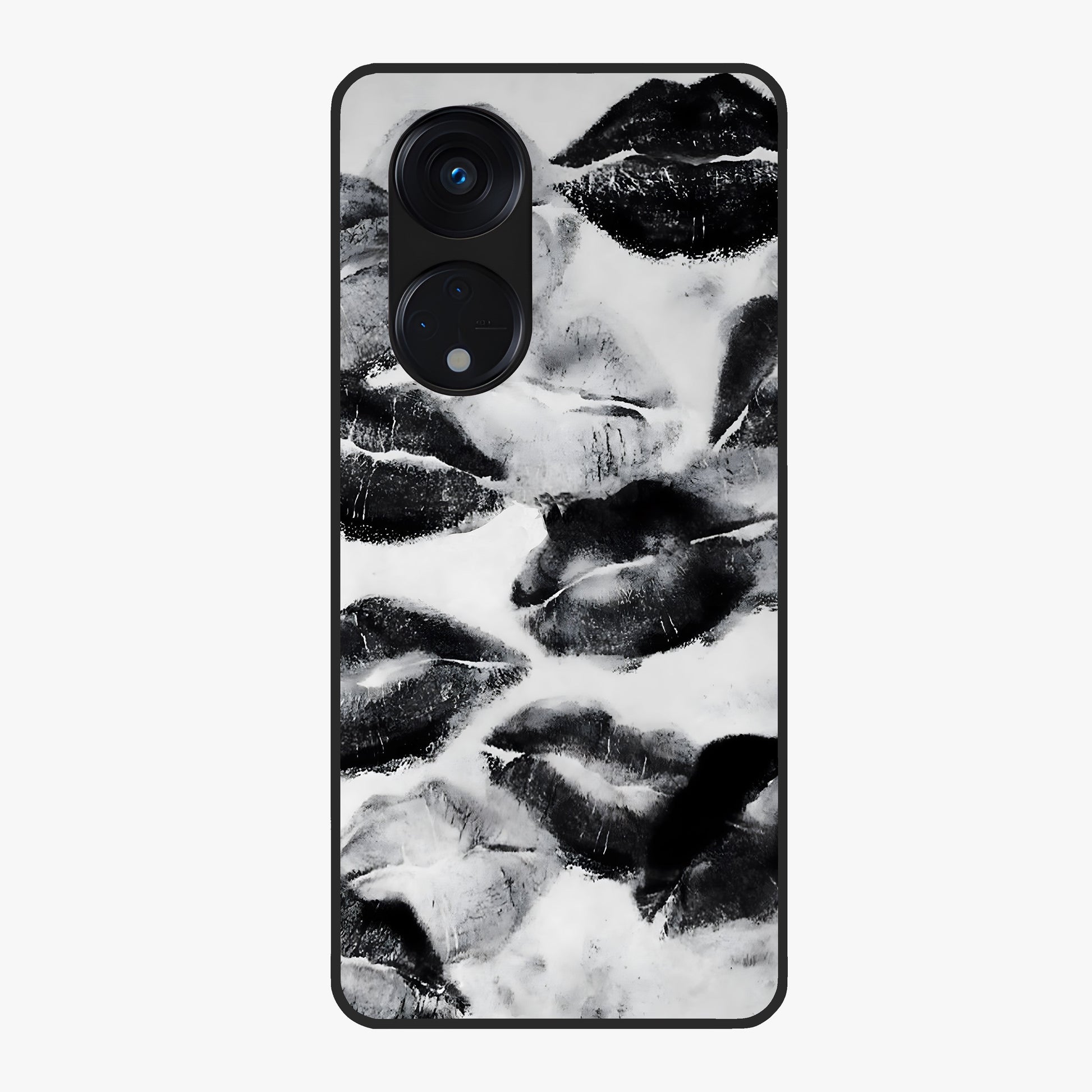 Midnight Kiss Marks Glass Case showing flat back view with lipstick kiss mark artwork and glossy glass finish.