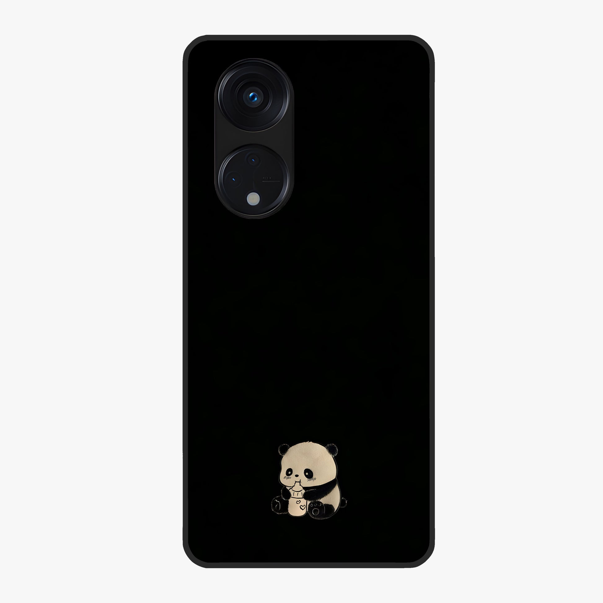 Midnight Panda Love Glass Case showing flat back view with cute panda themed artwork and glossy glass finish.
