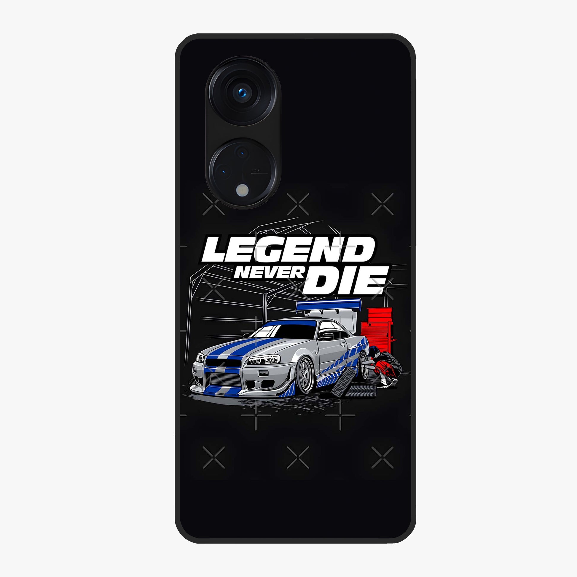 Midnight Racing Legacy Glass Case showing flat back view with sleek racing inspired artwork and glossy glass finish.