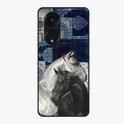 Midnight Stallion Blues Glass Case showing flat back view with majestic horse artwork and glossy glass finish.