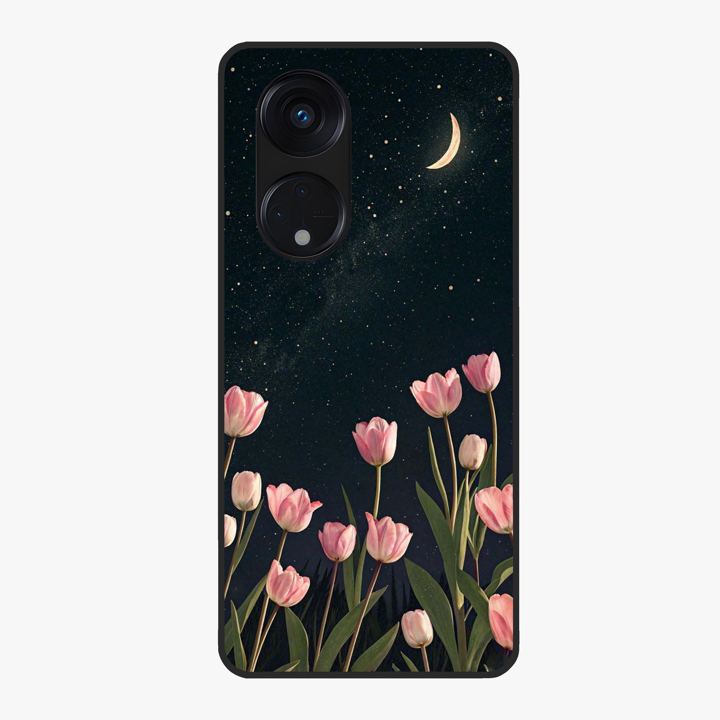 Midnight Tulip Whispers Vibe Glass Case showing flat back view with elegant tulip flower artwork and glossy glass finish.