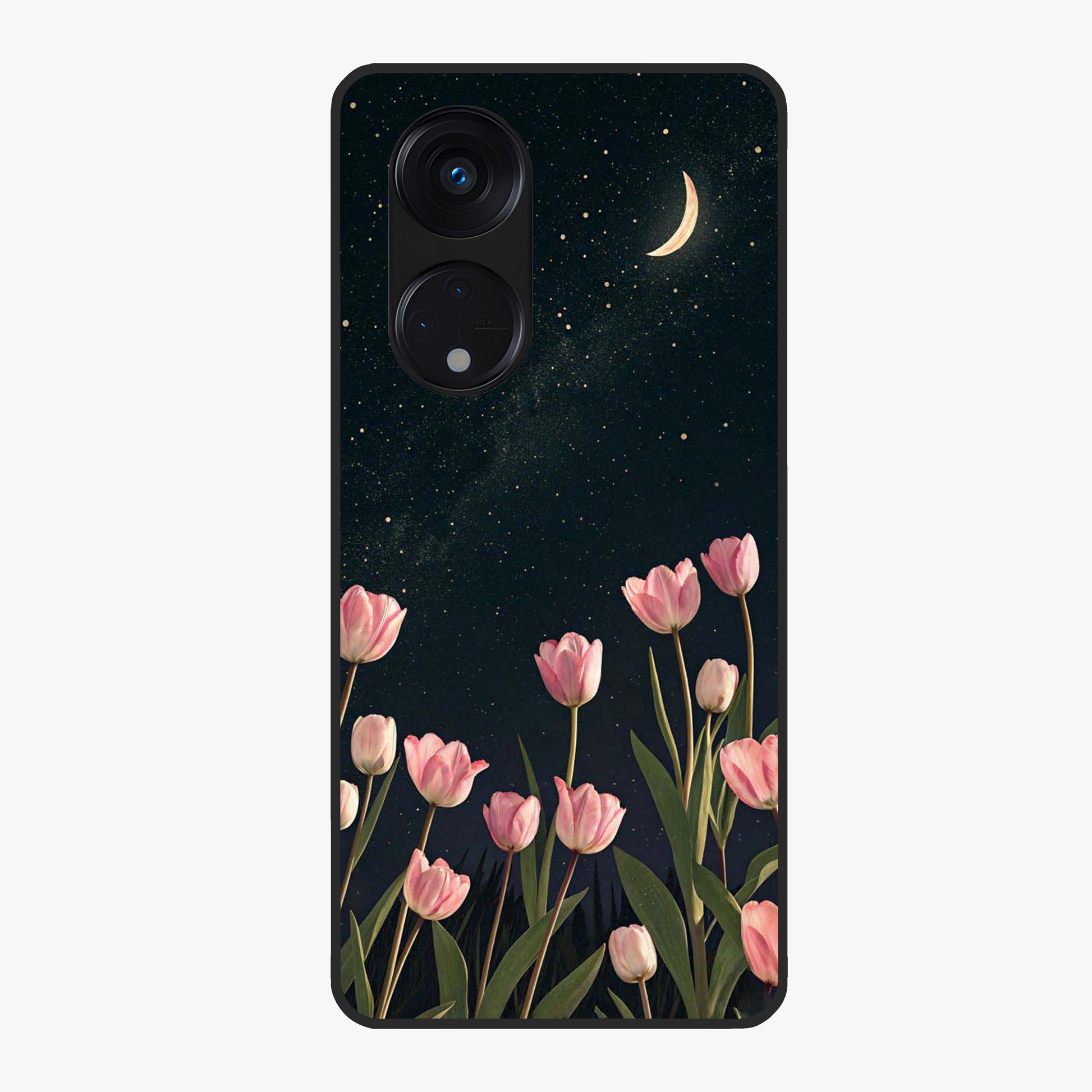 Midnight Tulip Whispers Vibe Glass Case showing flat back view with elegant tulip flower artwork and glossy glass finish.
