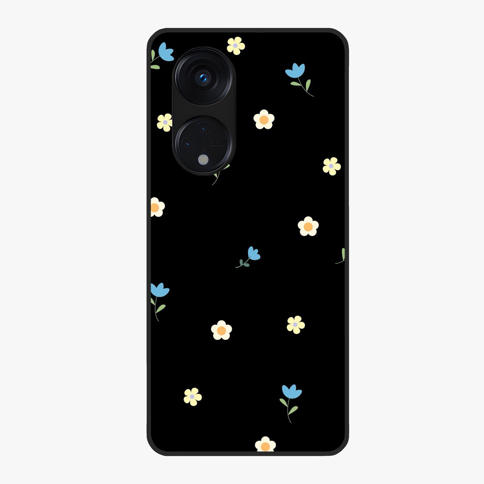 Minimalistic Blue With White Flower Pattern Glass Case showing flat back view with blue background and white flower pattern and glossy glass finish.