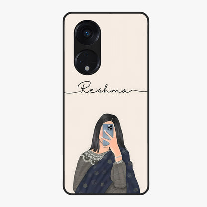 Mirror Mood Muse With Custom Name Glass Case showing flat back view with stylish mirrored artwork and personalized name design.
