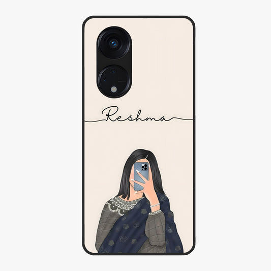 Mirror Mood Muse With Custom Name Glass Case showing flat back view with stylish mirrored artwork and personalized name design.