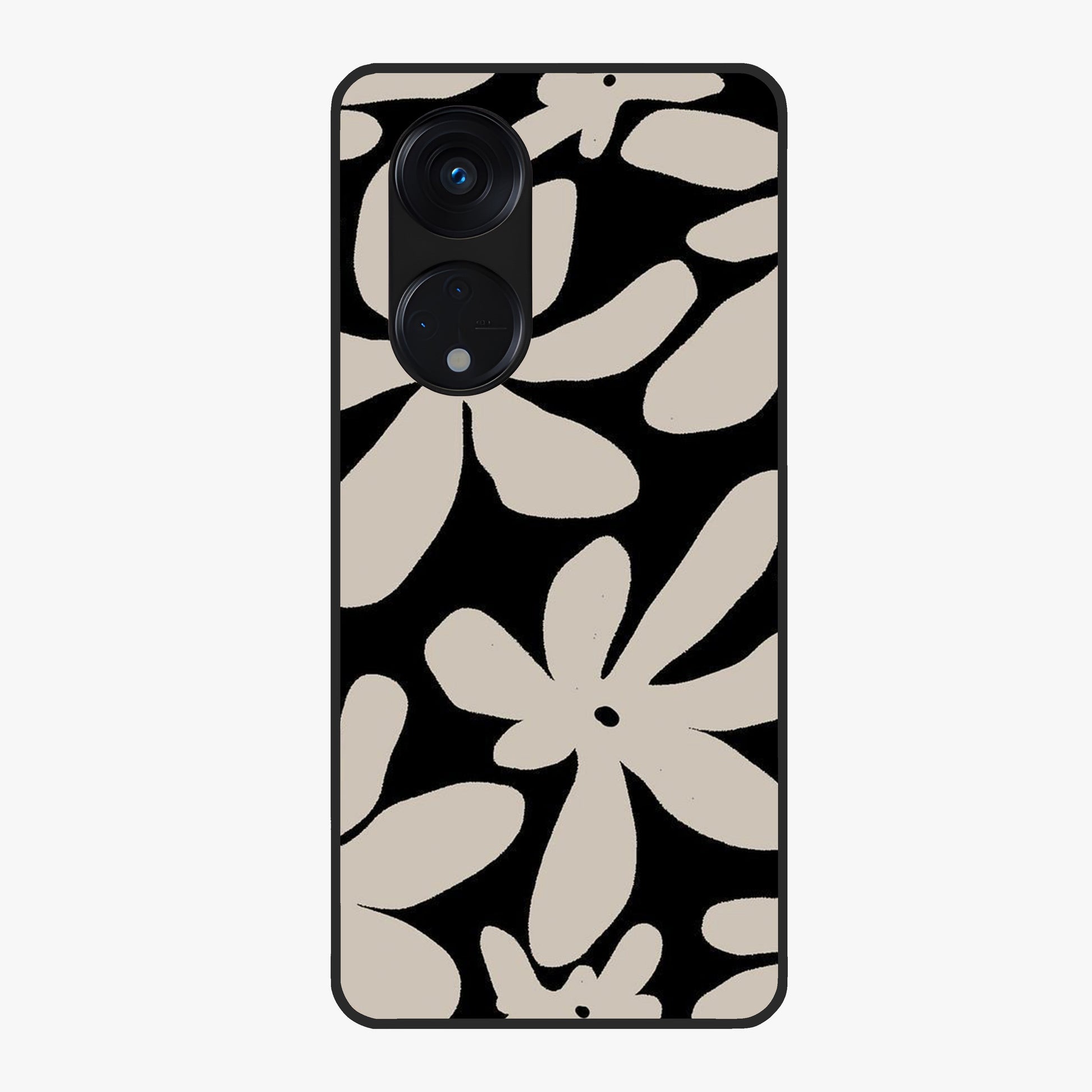 Monochrome Petal Dance Glass Case showing flat back view with monochrome floral artwork and glossy glass finish.