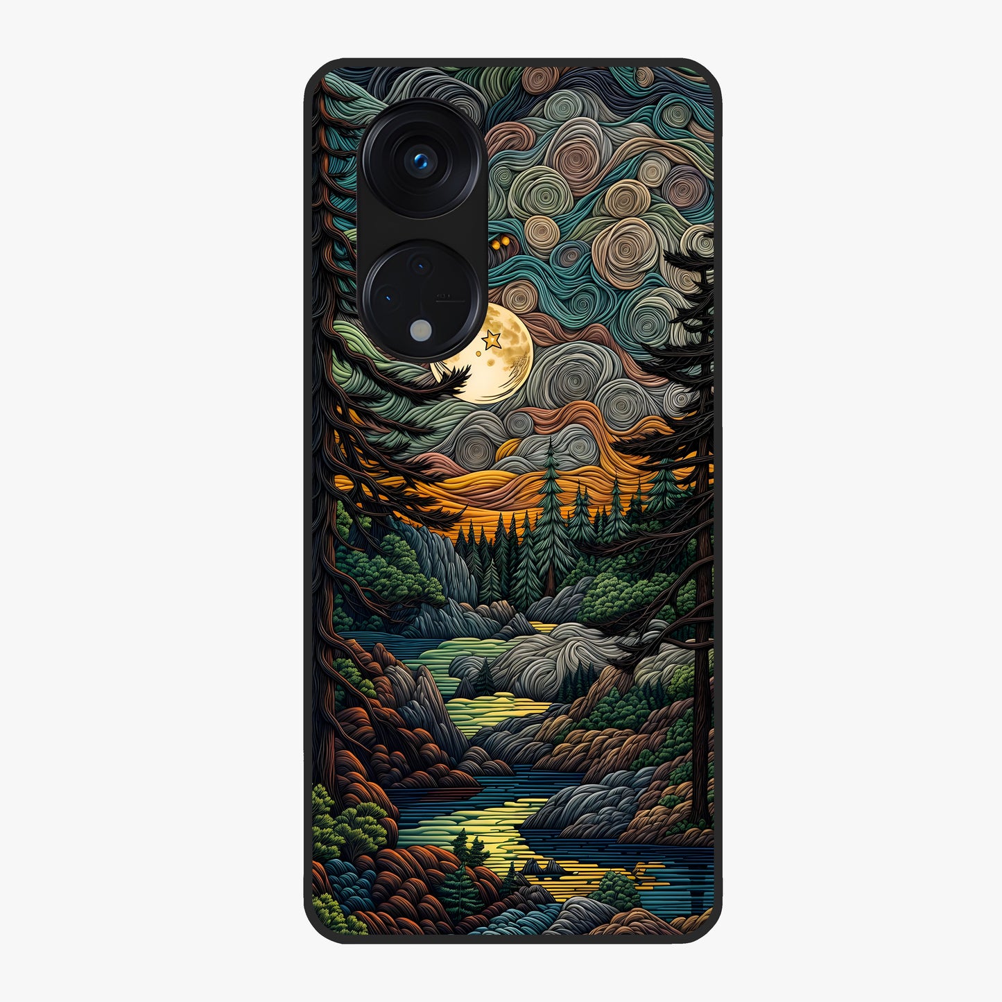 Moonlight Forest Dream Glass Case showing flat back view with mystical forest moonlight artwork and glossy glass finish.