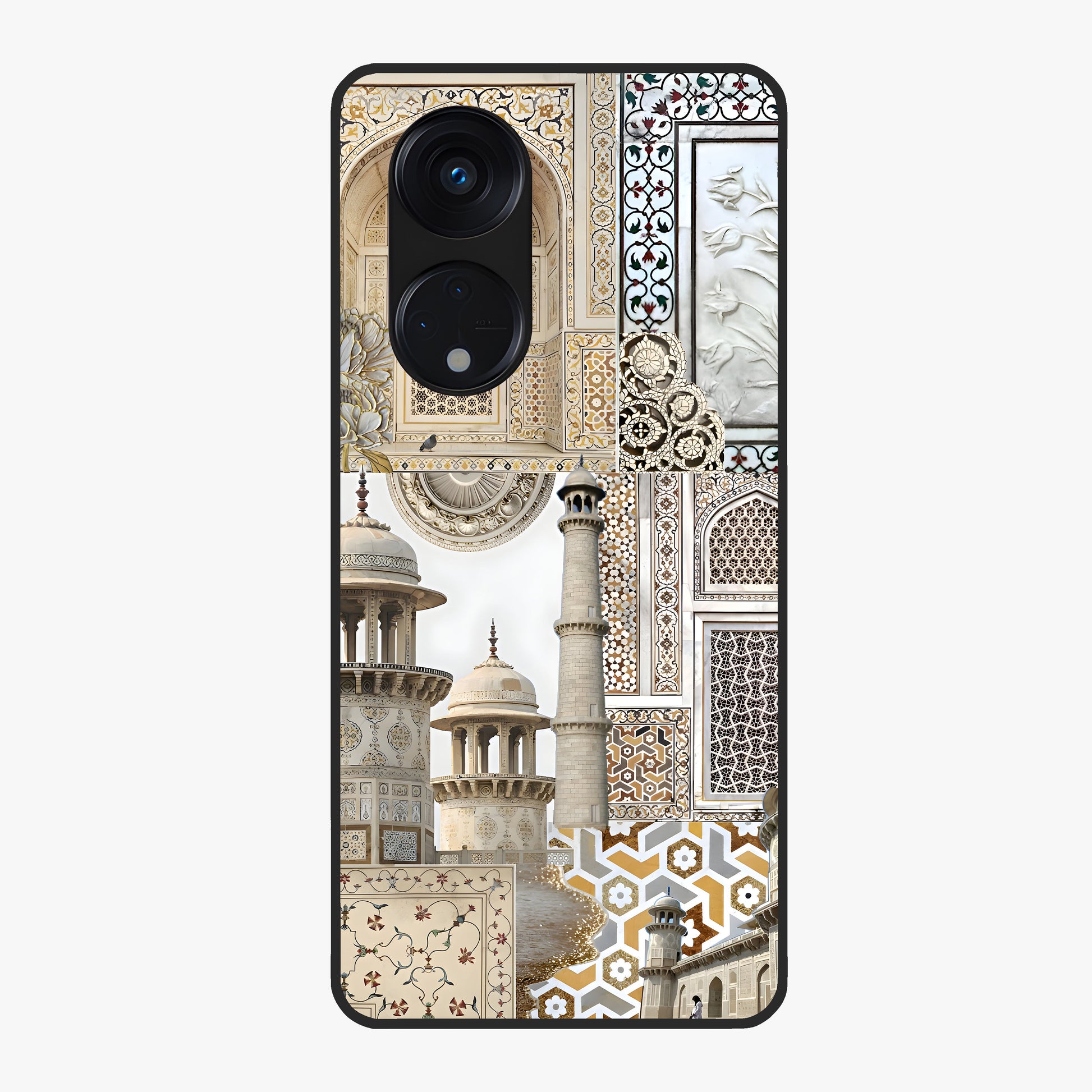 Mughal Marble Legacy Glass Case showing flat back view with intricate Mughal inspired marble pattern and glossy glass finish.