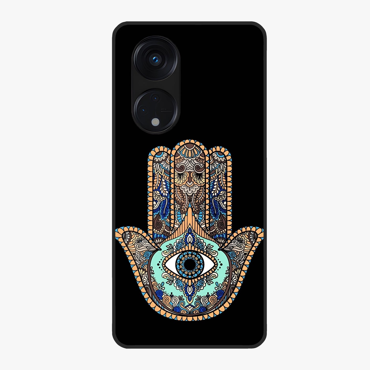 Mystic Hamsa Eye Glass Case showing flat back view with protective hamsa hand and evil eye artwork and glossy glass finish.