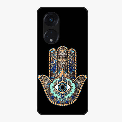 Mystic Hamsa Eye Glass Case showing flat back view with protective hamsa hand and evil eye artwork and glossy glass finish.