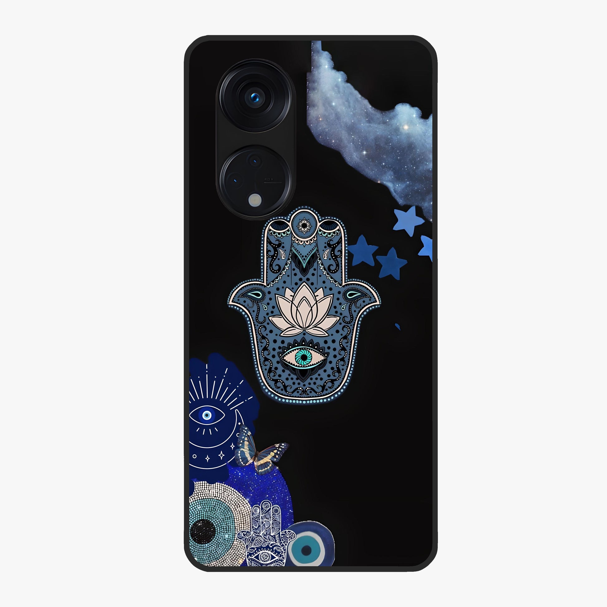 Mystic Hand Aura Glass Case showing flat back view with mystical hand symbol artwork and glossy glass finish.