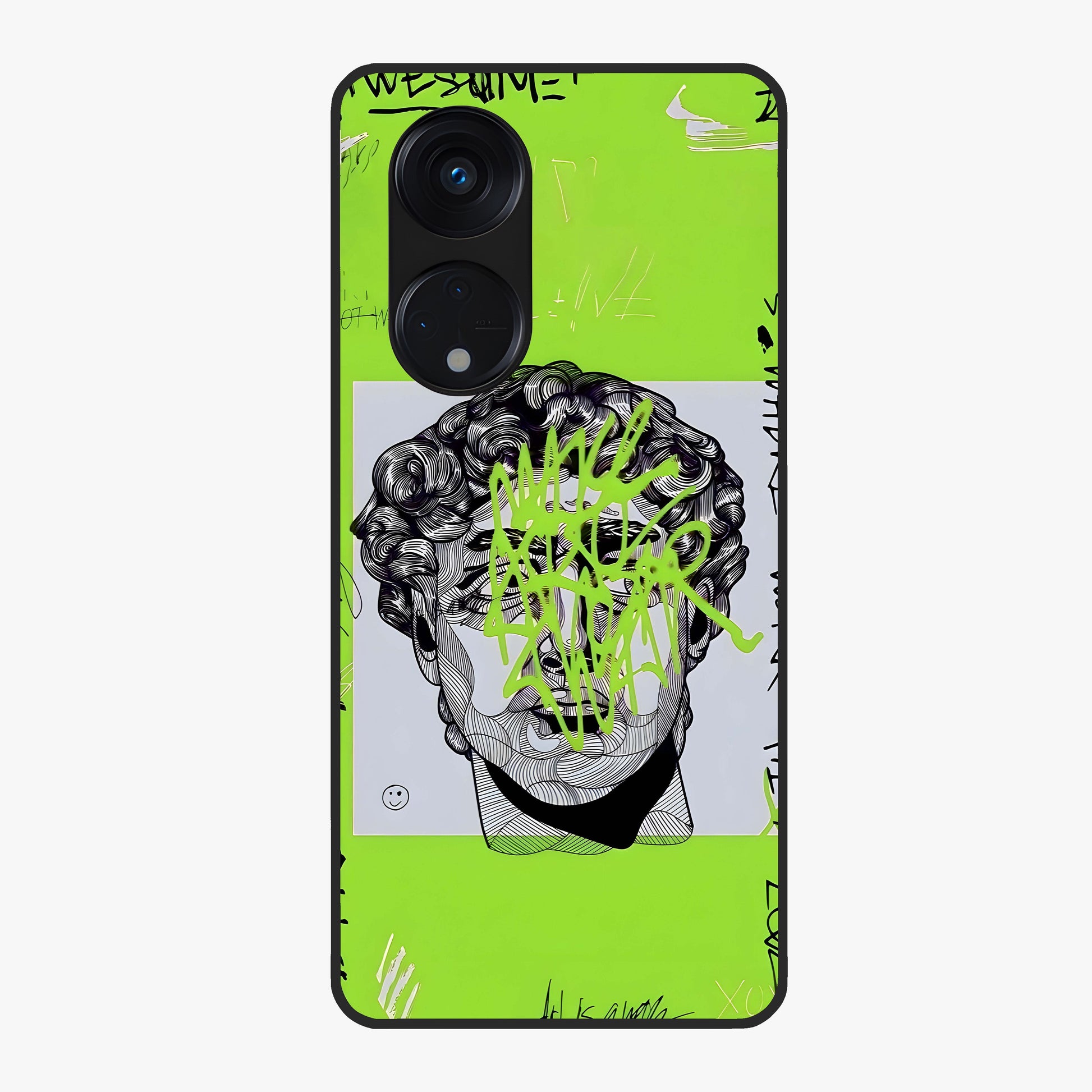 Neo Graffiti Rebellion Glass Case showing flat back view with vibrant graffiti artwork and glossy glass finish.