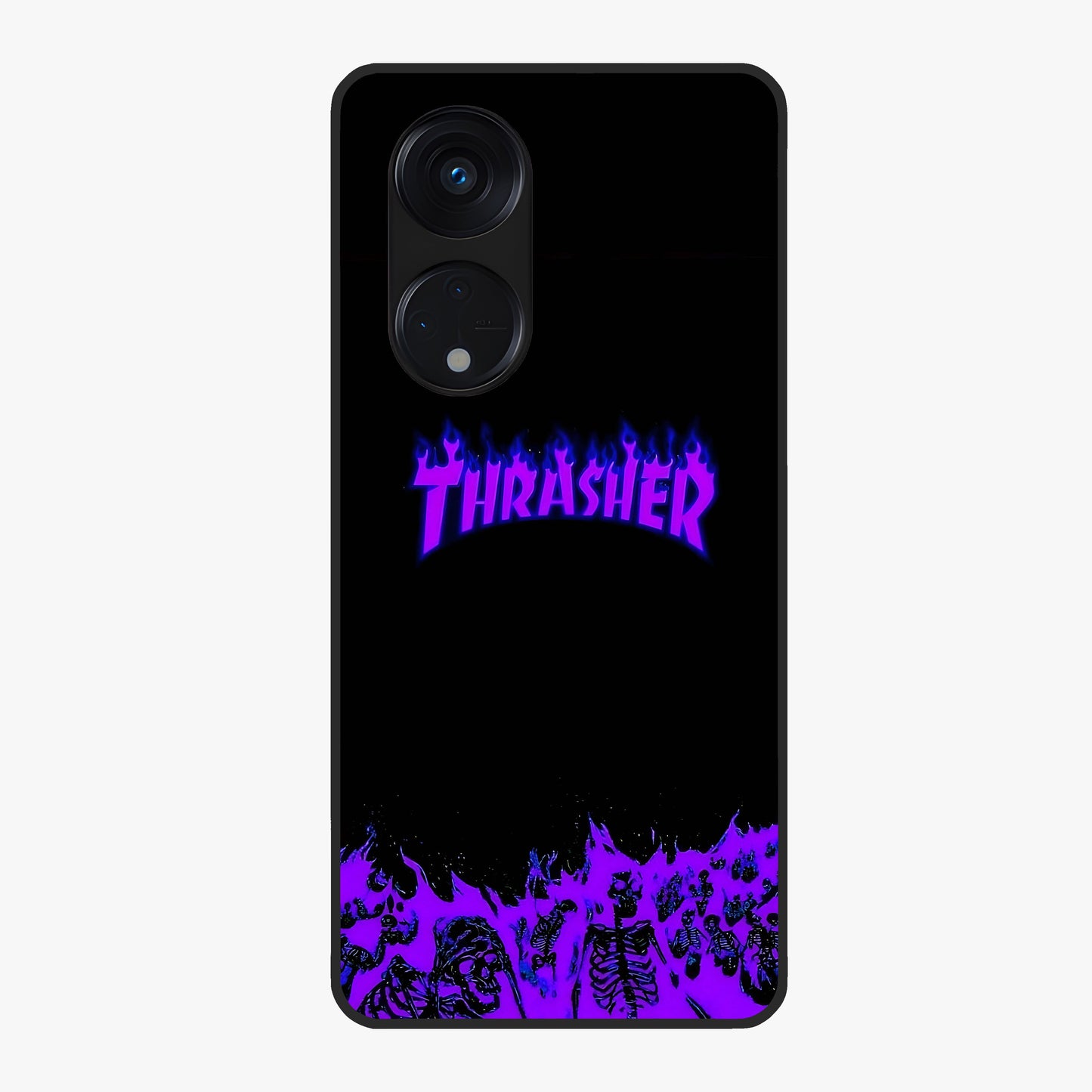 Neon Flame Riot Glass Case showing flat back view with neon flame artwork and glossy glass finish.