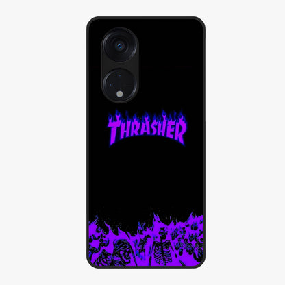 Neon Flame Riot Glass Case showing flat back view with neon flame artwork and glossy glass finish.