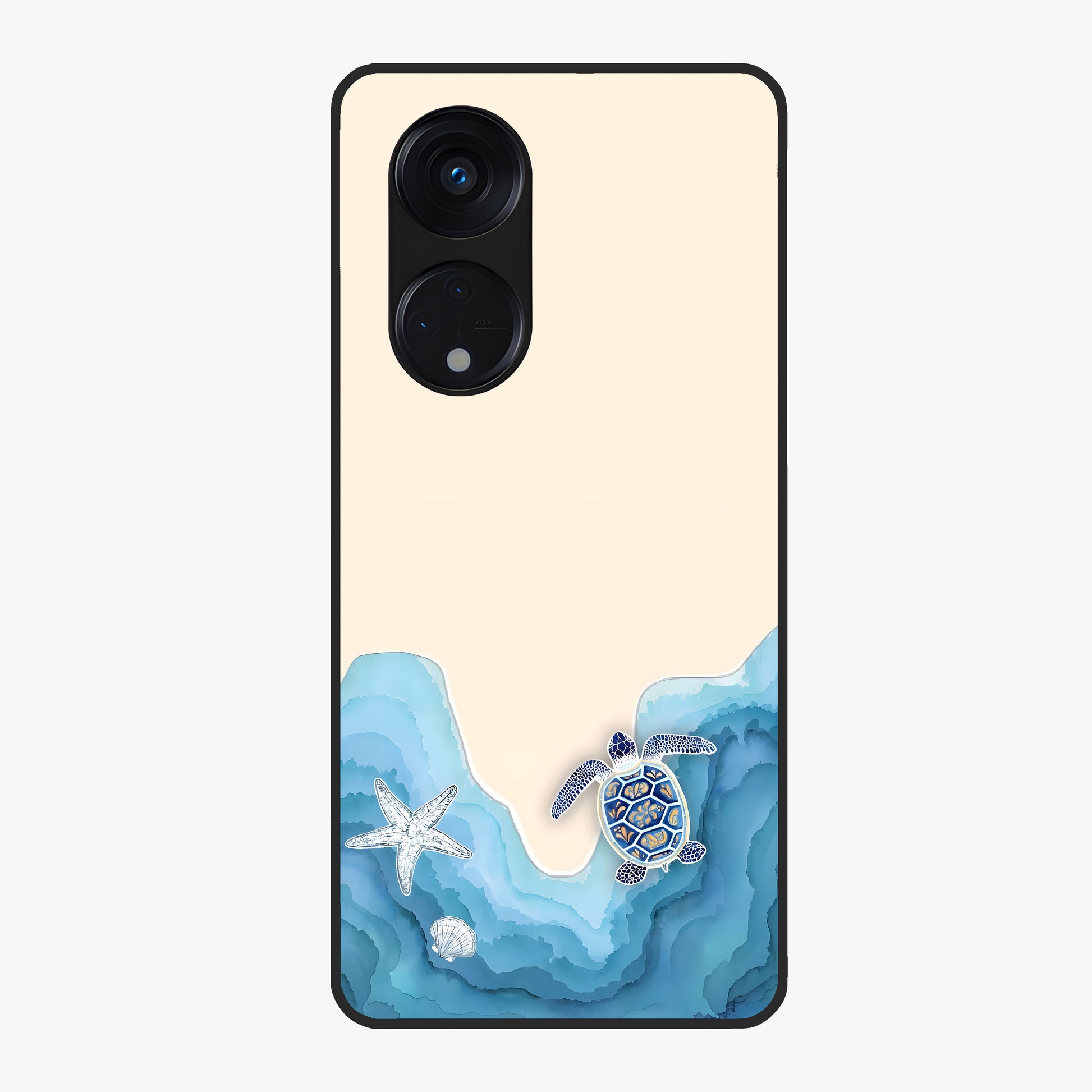 Ocean Drift Turtle Glass Case showing flat back view with sea turtle artwork and glossy glass finish.