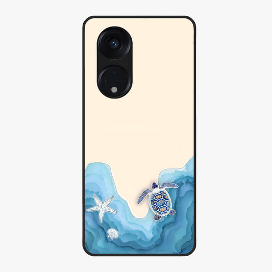 Ocean Drift Turtle Glass Case showing flat back view with sea turtle artwork and glossy glass finish.
