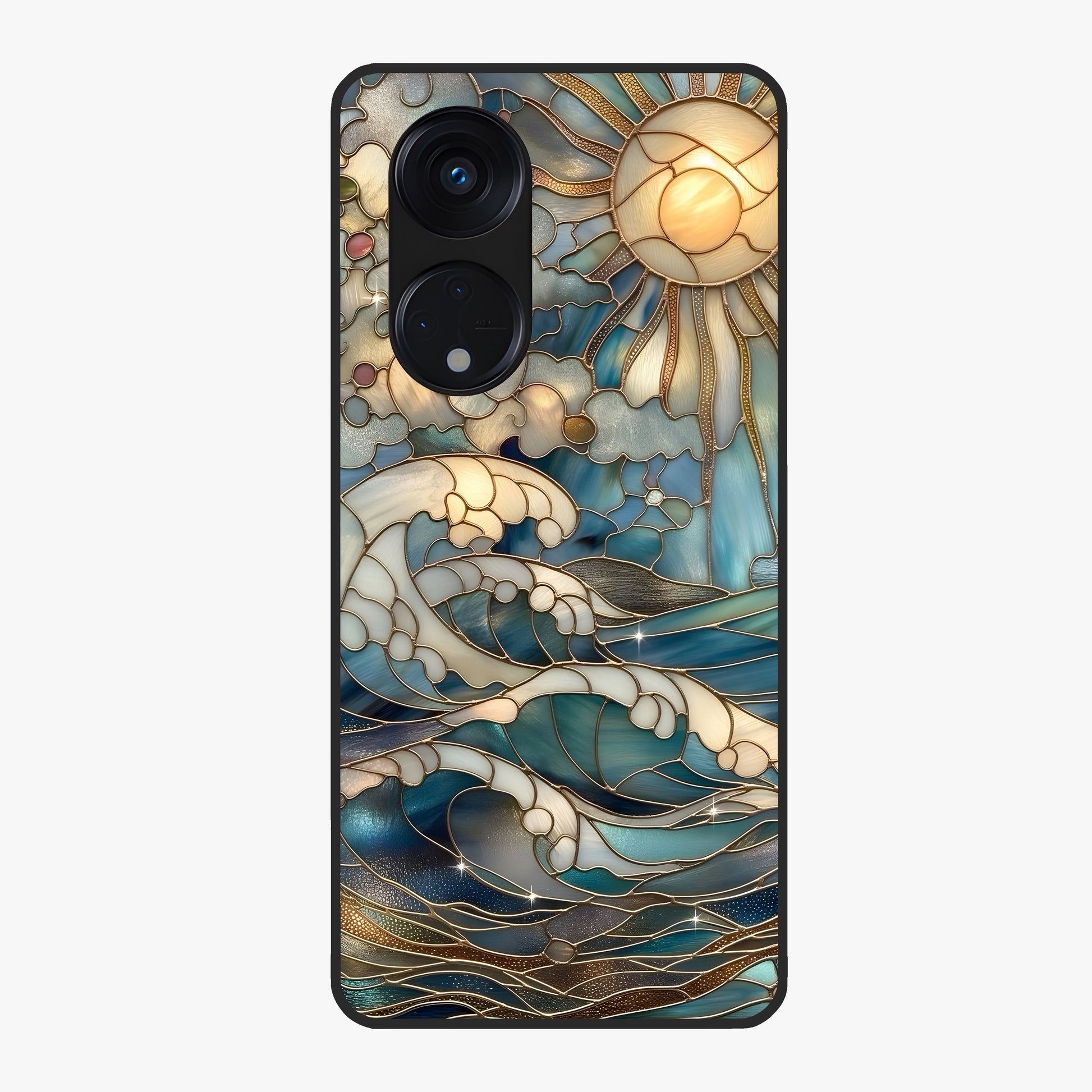 Oceanic Stained Printed Glass Case showing flat back view with ocean inspired stained pattern artwork and glossy glass finish.