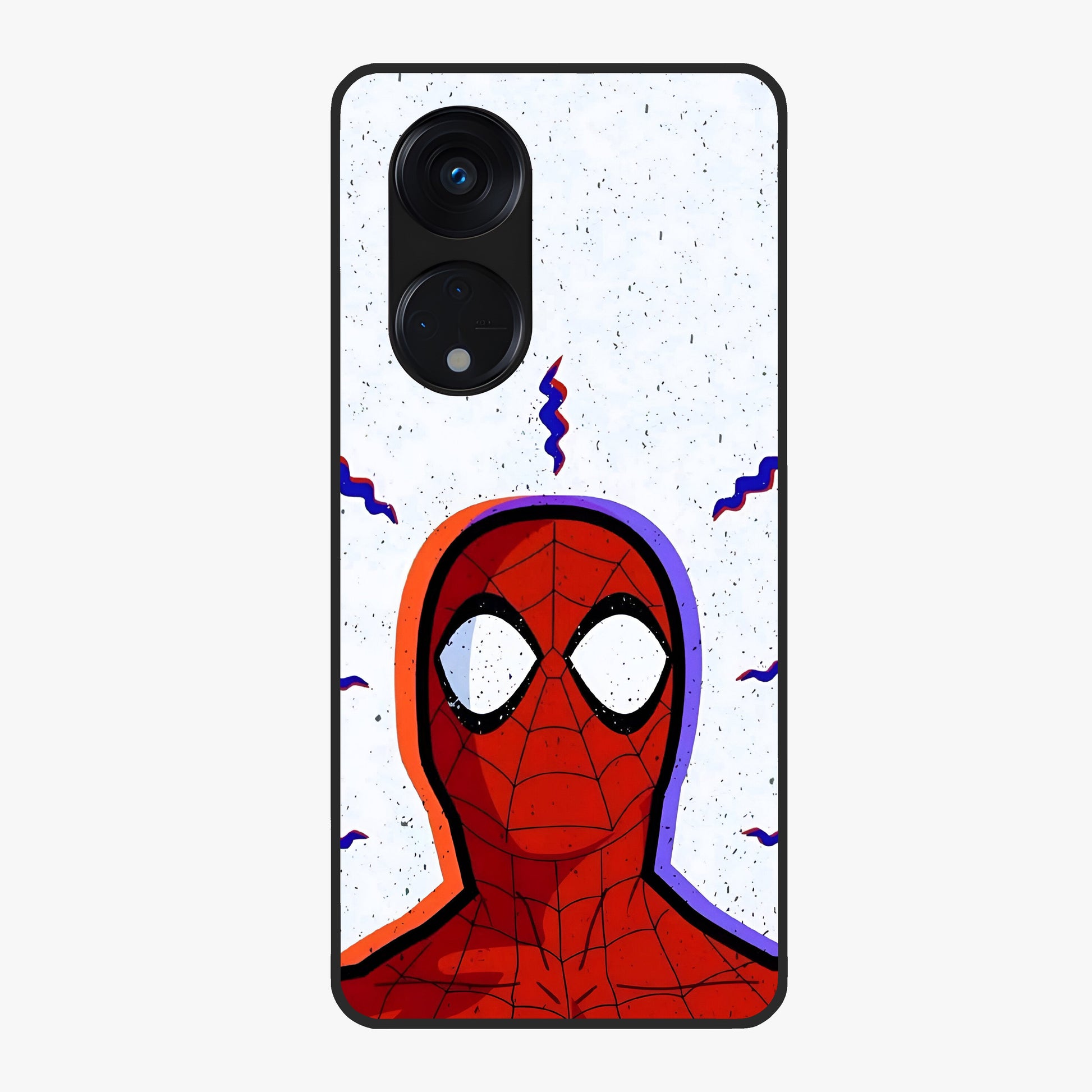 Omg Spiderman Glass Case showing flat back view with bold superhero inspired artwork and glossy glass finish.