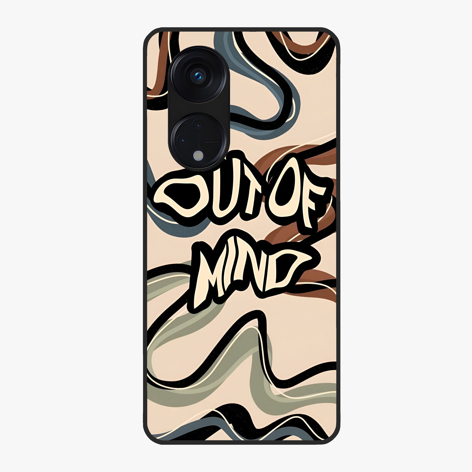 Out Of Mind Glass Case showing flat back view with expressive typography artwork and glossy glass finish.
