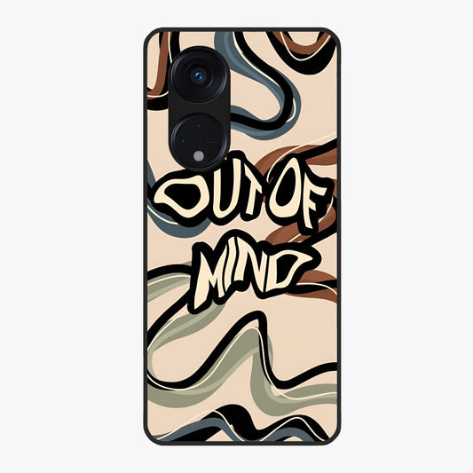 Out Of Mind Glass Case showing flat back view with expressive typography artwork and glossy glass finish.