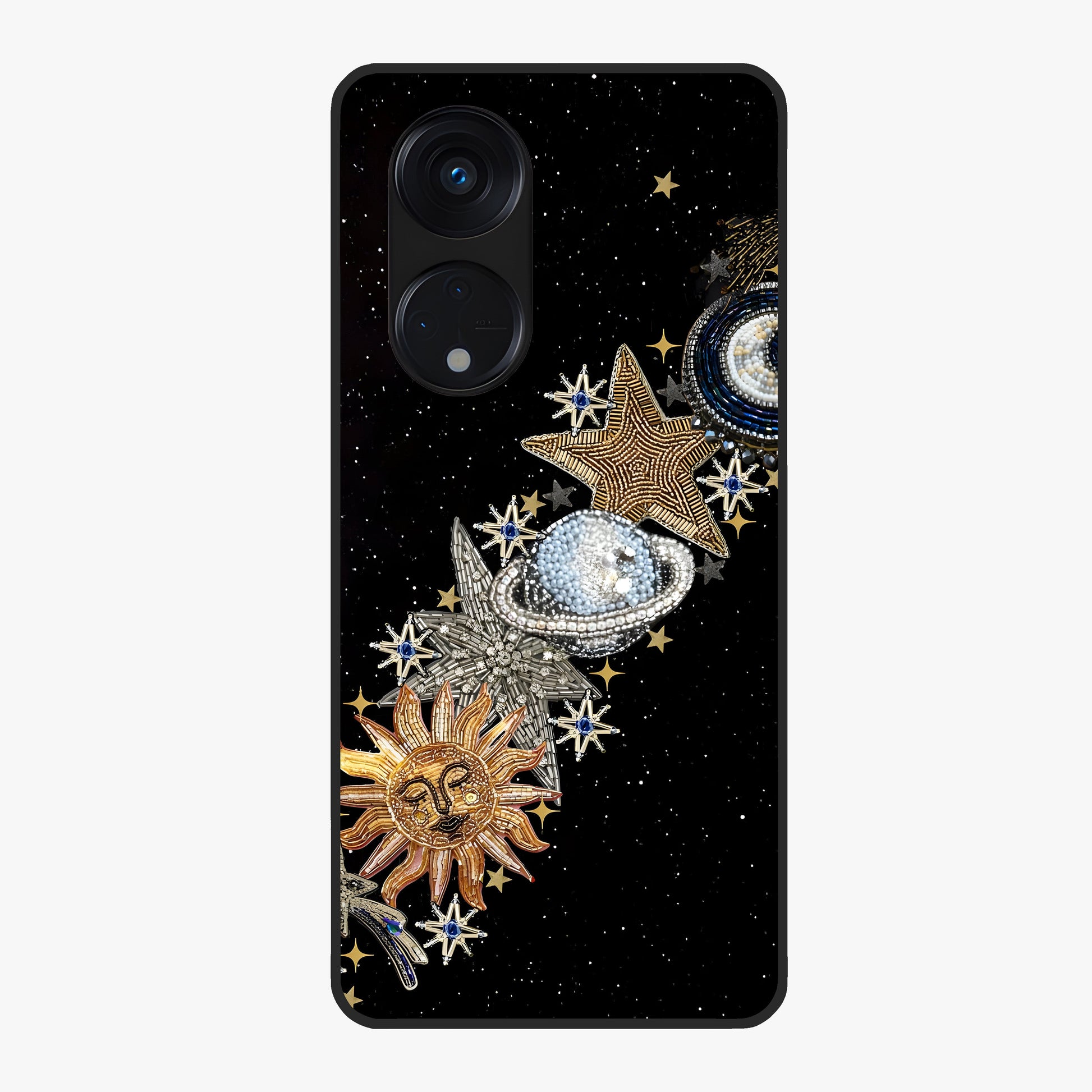 Pearls Universe Object Glass Case showing flat back view with pearl inspired cosmic artwork and glossy glass finish.