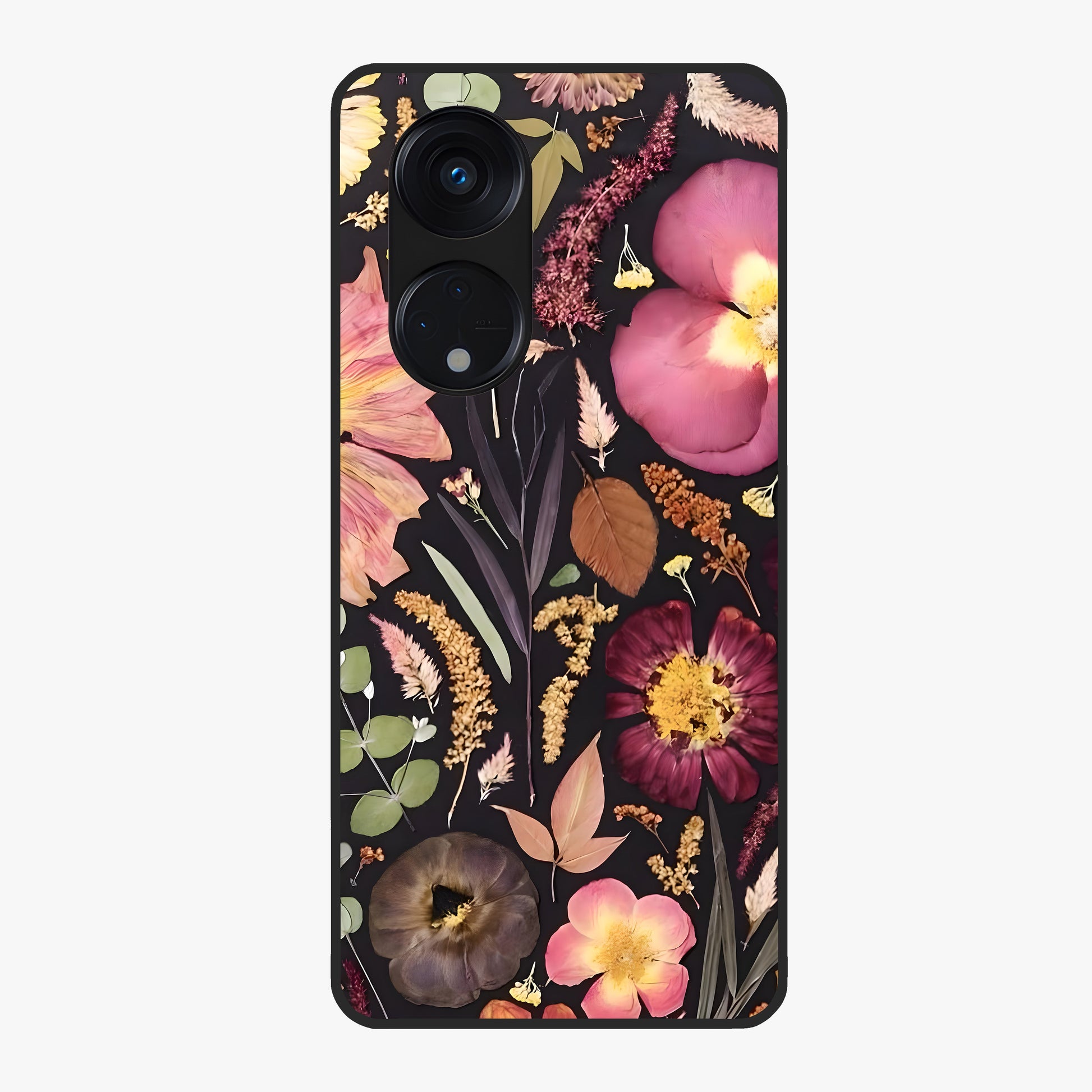 Petal Dream Tapestry Glass Case showing flat back view with intricate floral tapestry artwork and glossy glass finish.