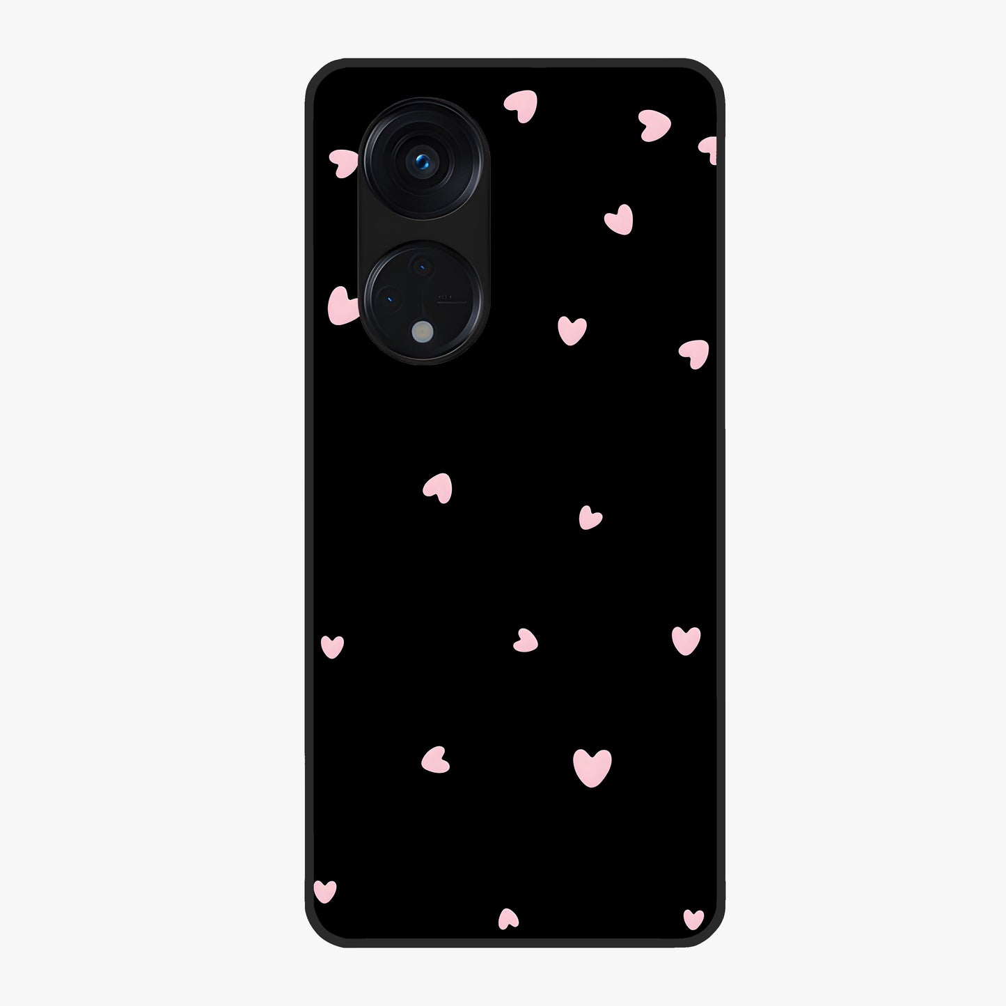 Pink Love Drops Glass Case showing flat back view with playful pink heart drops artwork and glossy glass finish.