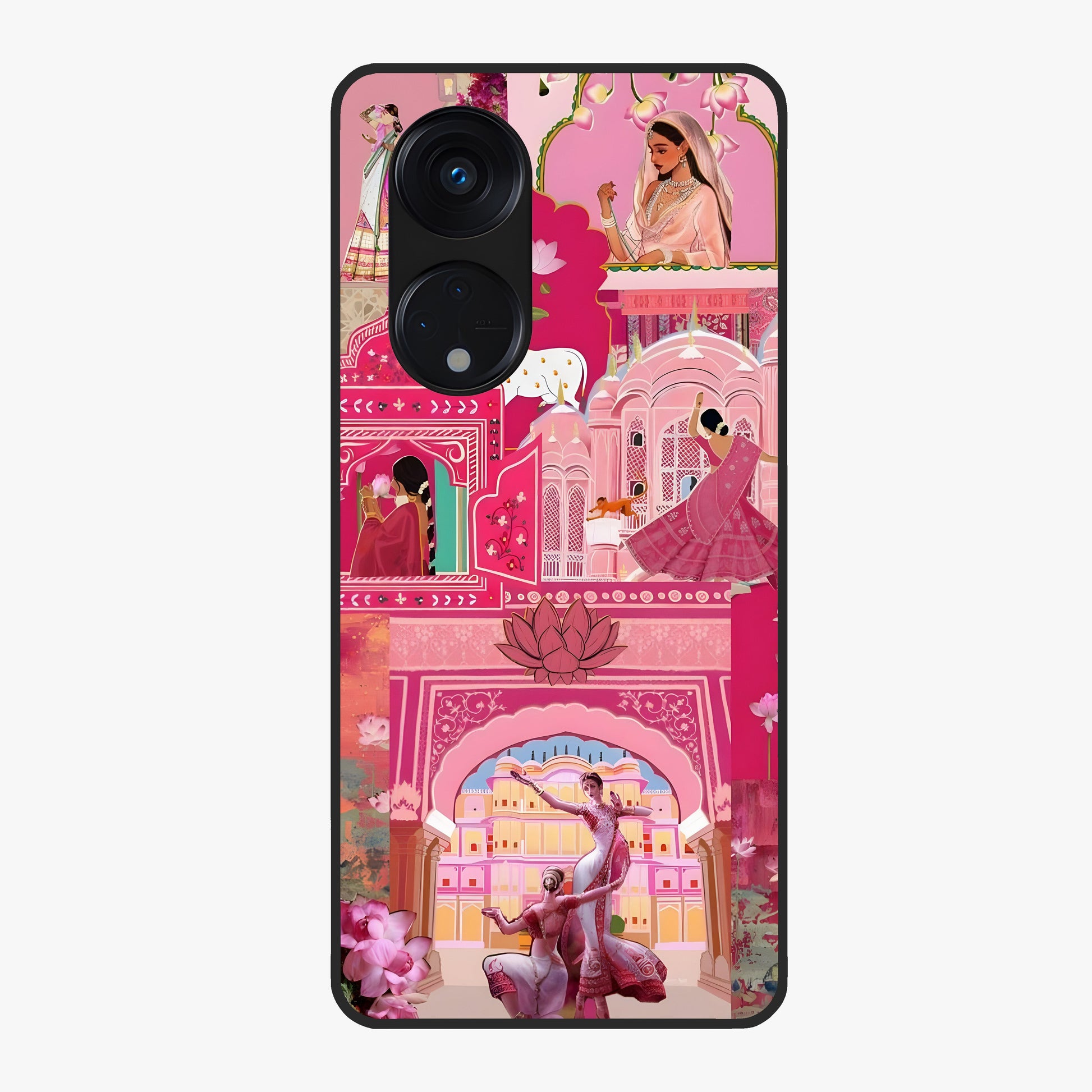 Pink Palace Muse Glass Case showing flat back view with elegant palace inspired artwork and glossy glass finish.
