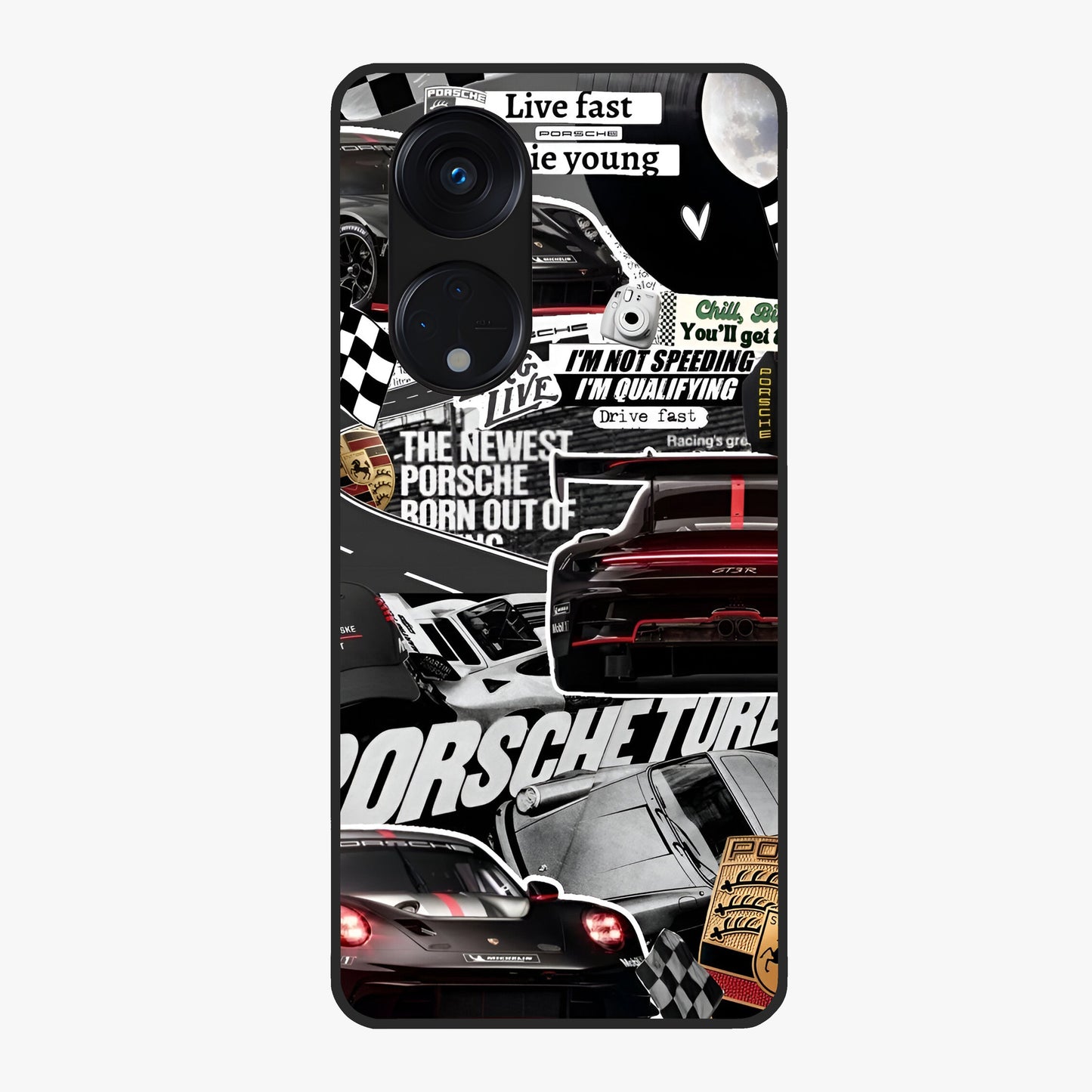 Porsche Racing Collage Glass Case showing flat back view with sports car racing collage artwork and glossy glass finish.