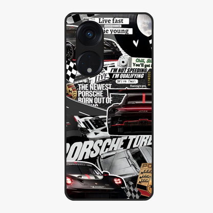 Porsche Racing Collage Glass Case showing flat back view with sports car racing collage artwork and glossy glass finish.