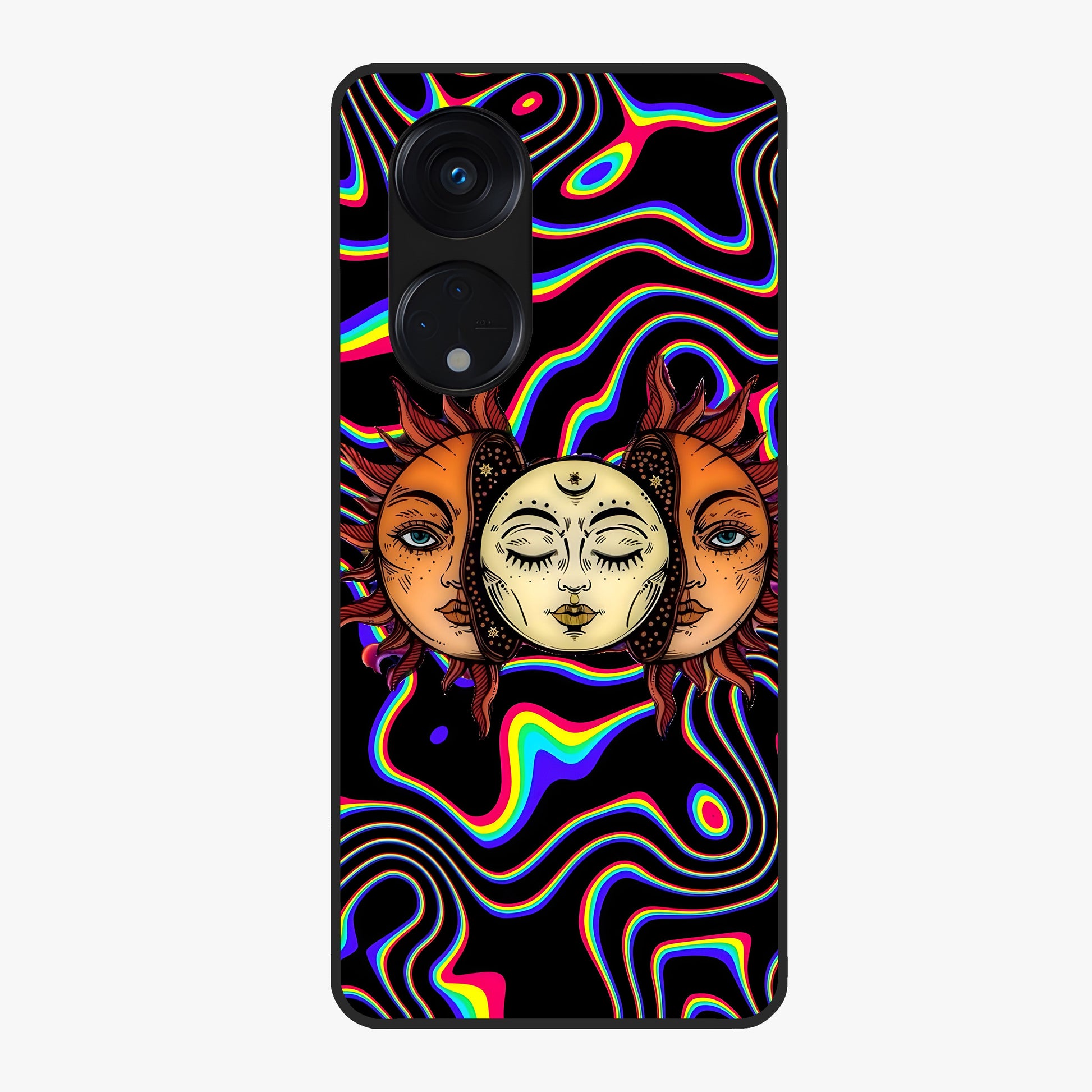 Psychedelic Sun Glass Case showing flat back view with colorful psychedelic sun artwork and glossy glass finish.