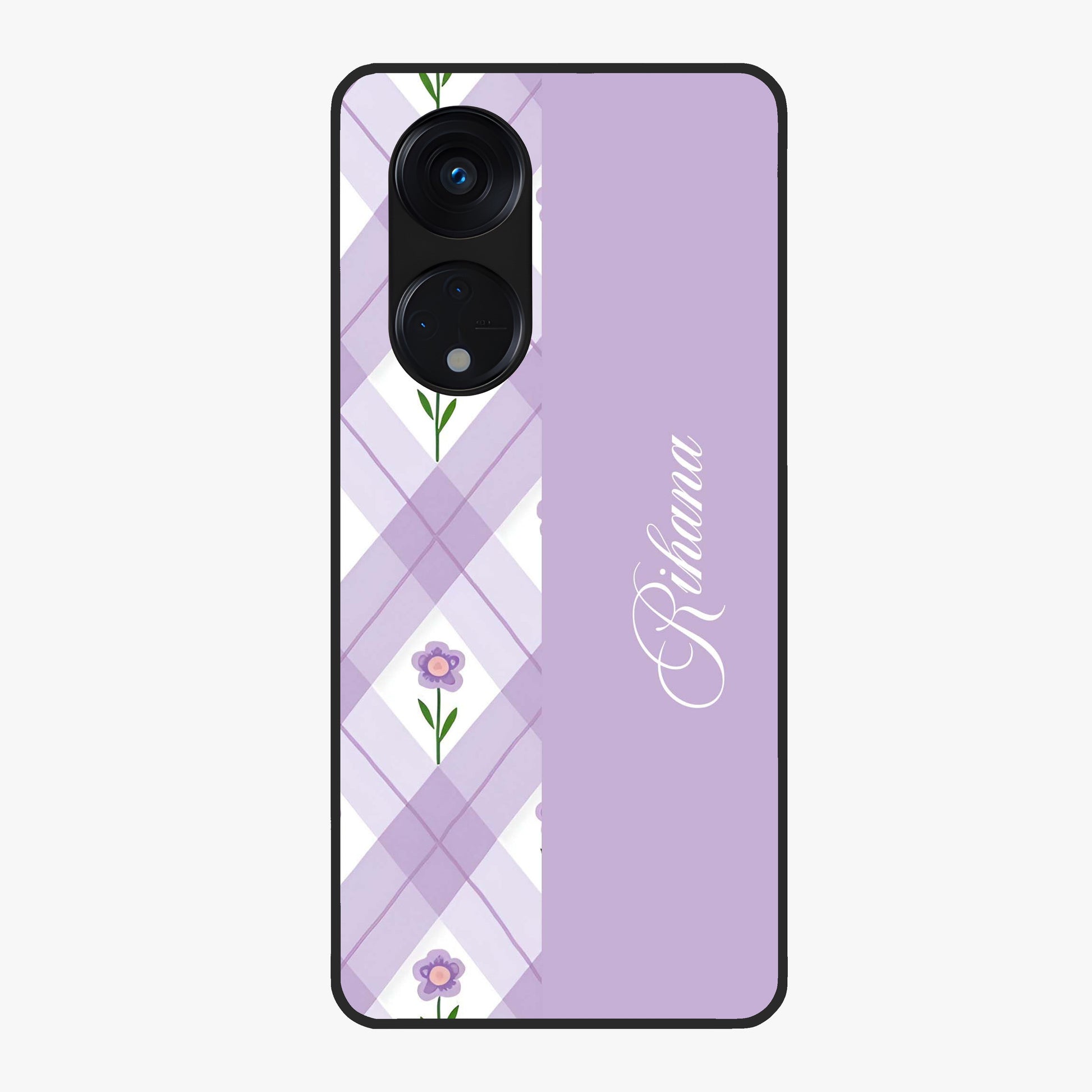 Purple Diamond Floral Glass Case showing flat back view with diamond shaped floral artwork and glossy glass finish.