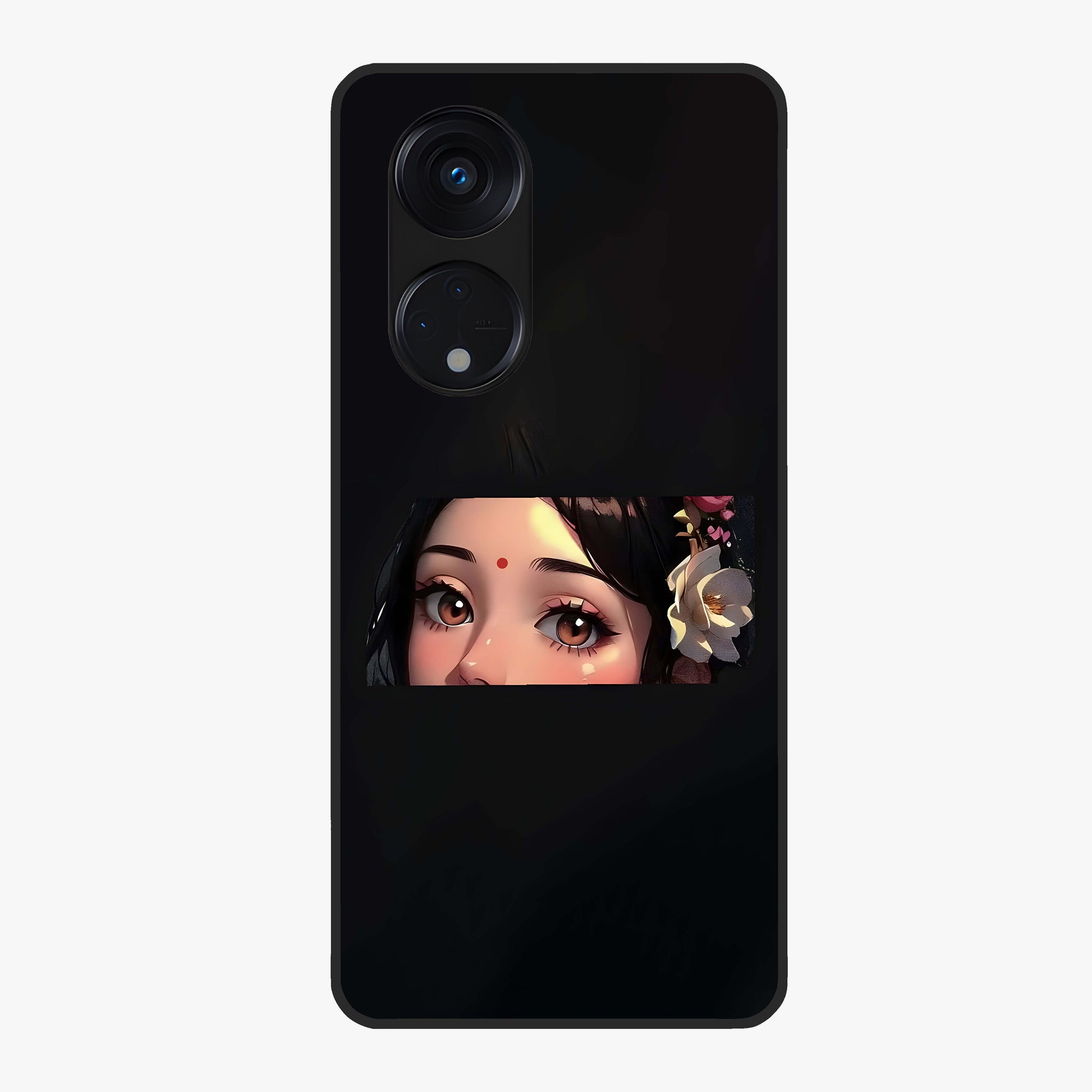 Radha Divine Embrace Glass Case showing flat back view with devotional Radha artwork and glossy glass finish.