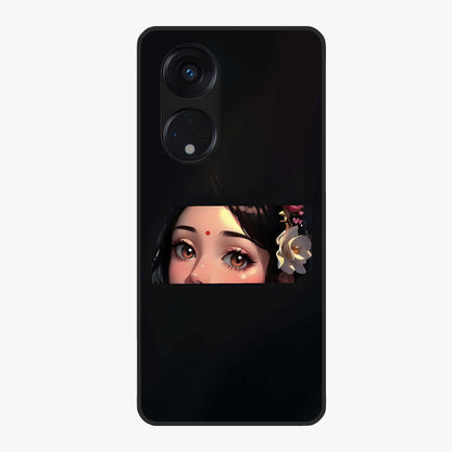 Radha Divine Embrace Glass Case showing flat back view with devotional Radha artwork and glossy glass finish.