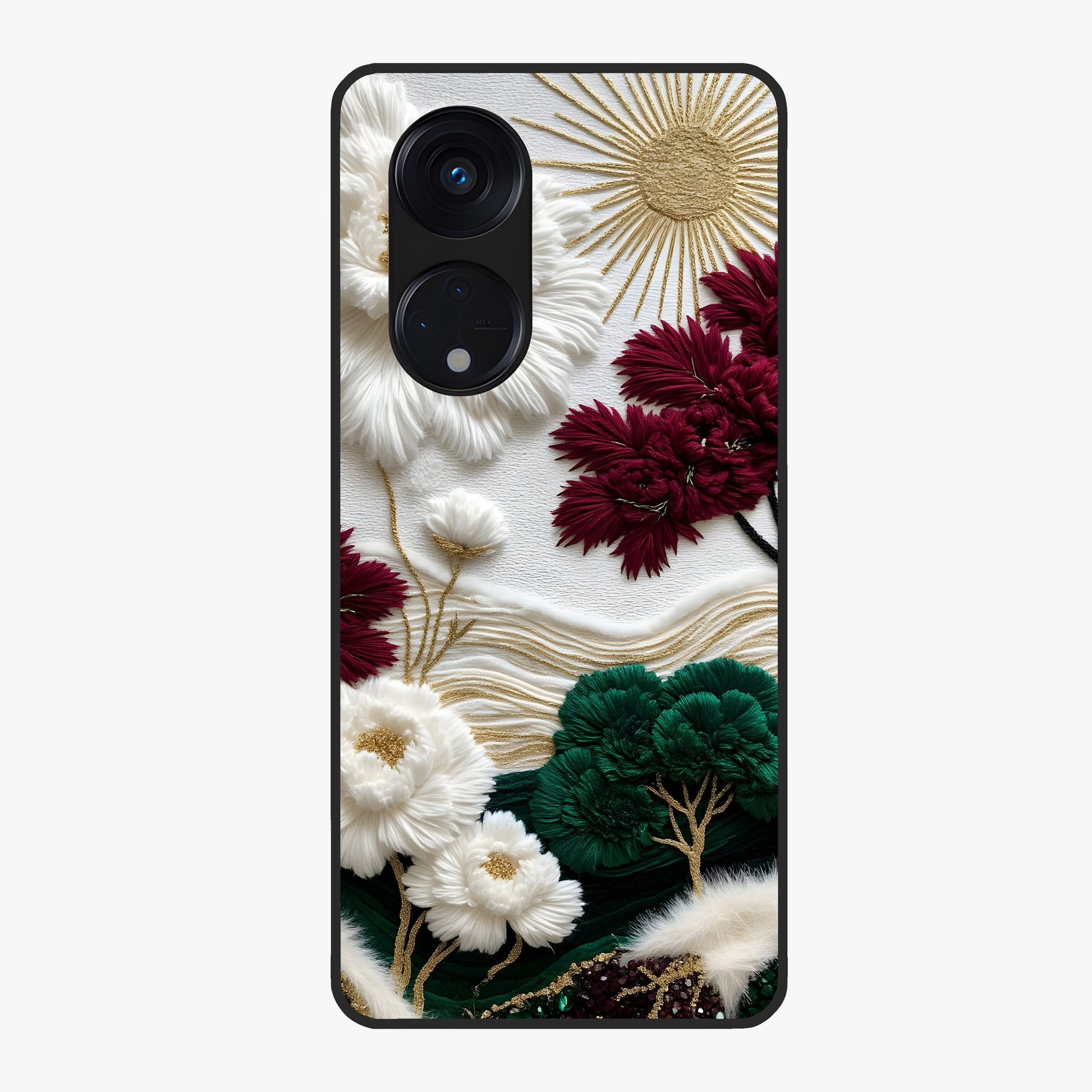 Radiant Bloom Elegance Glass Case showing flat back view with elegant blooming flower artwork and glossy glass finish.