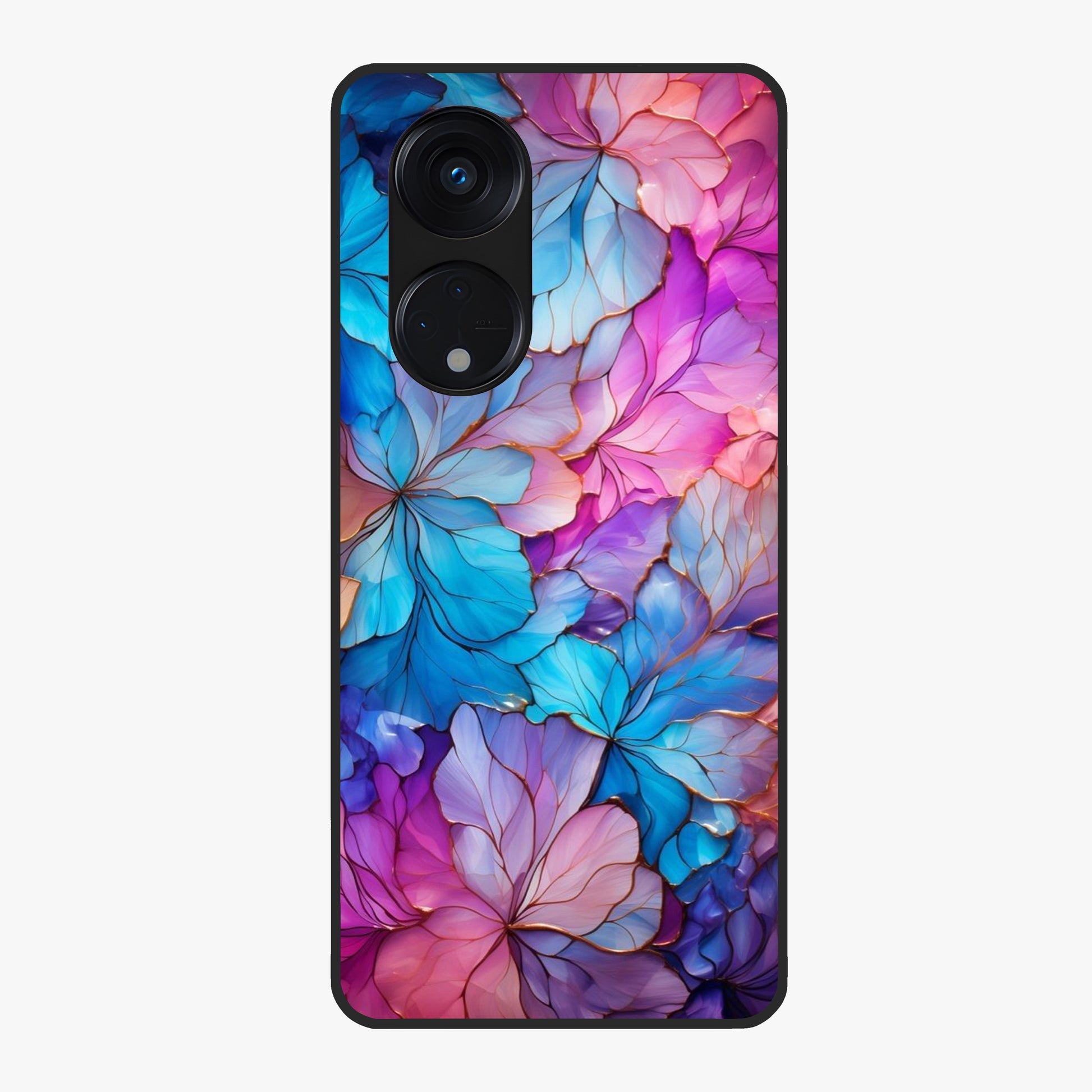 Radiant Floral Whirl Glass Case showing flat back view with swirling floral artwork and glossy glass finish.