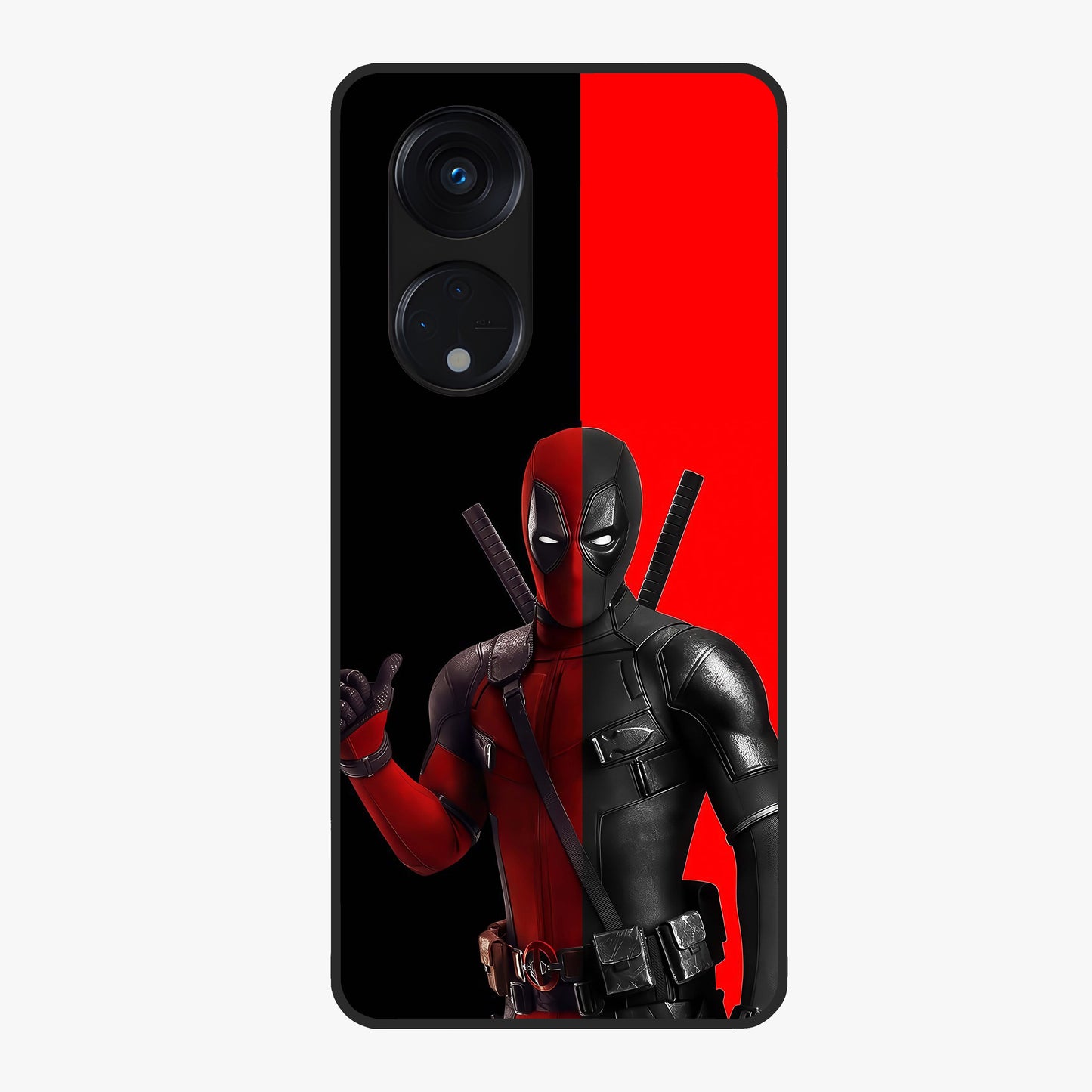 Red & Black Deadpool Theme Glass Case showing flat back view with bold comic inspired artwork and glossy glass finish.