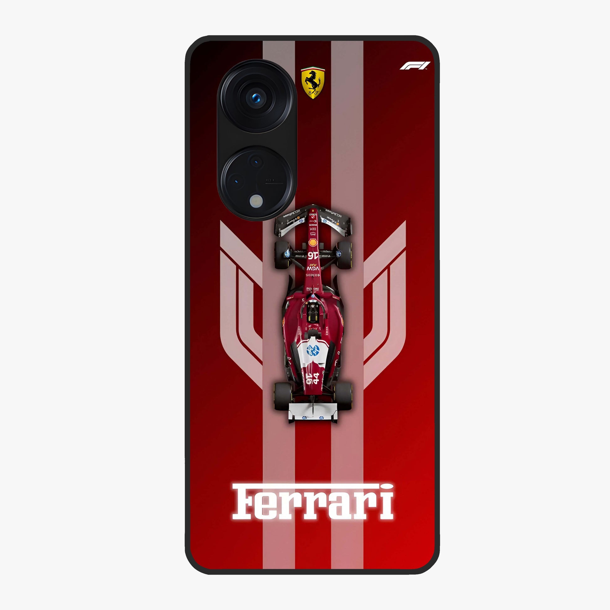 Red Ferrari F1 Vertical Glass Case showing flat back view with sleek Formula racing car artwork and glossy glass finish.