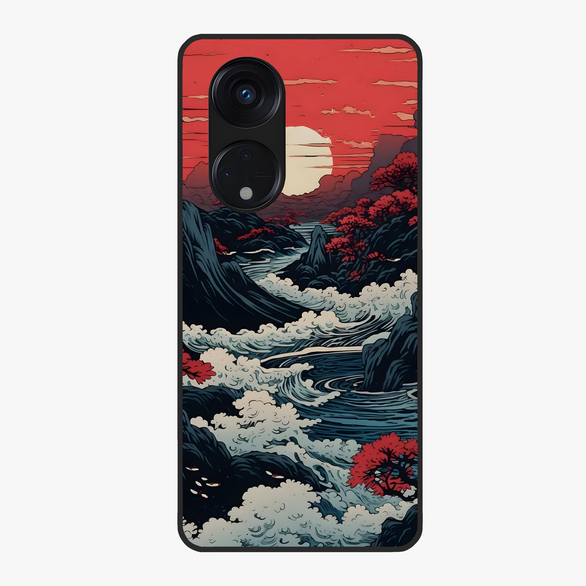 Red Sunset Scenery Glass Case showing flat back view with vibrant sunset landscape artwork and glossy glass finish.