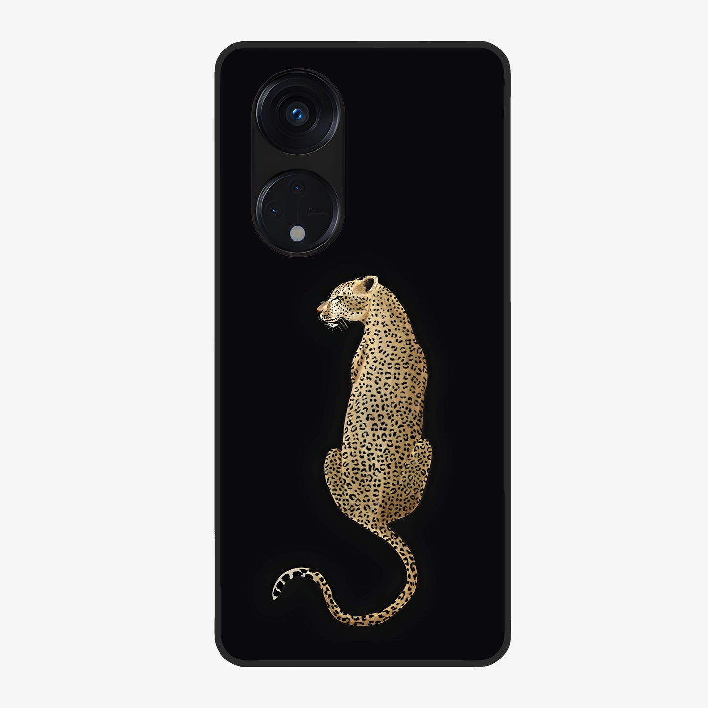 Regal Leopard Glass Case showing flat back view with bold leopard artwork and glossy glass finish.