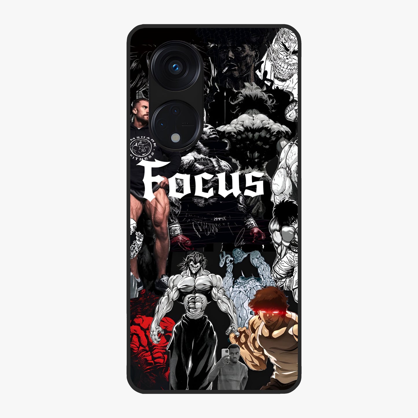 Relentless Power Focus Glass Case showing flat back view with motivational typography artwork and glossy glass finish.