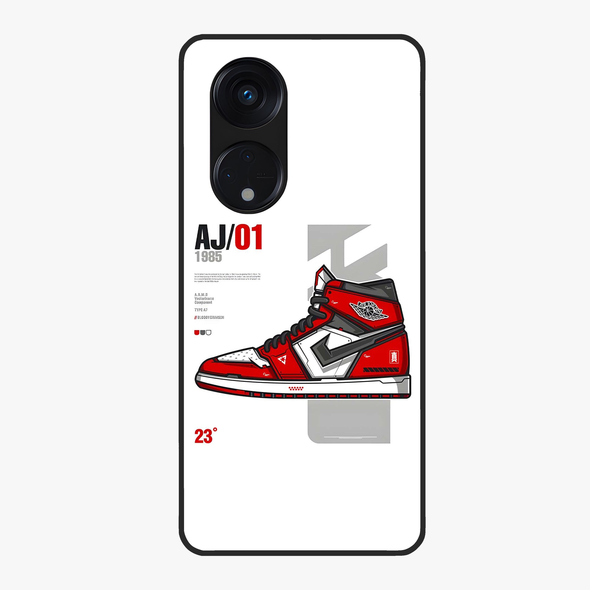 Retro Sneaker Blueprint Glass Case showing flat back view with sneaker blueprint style artwork and glossy glass finish.