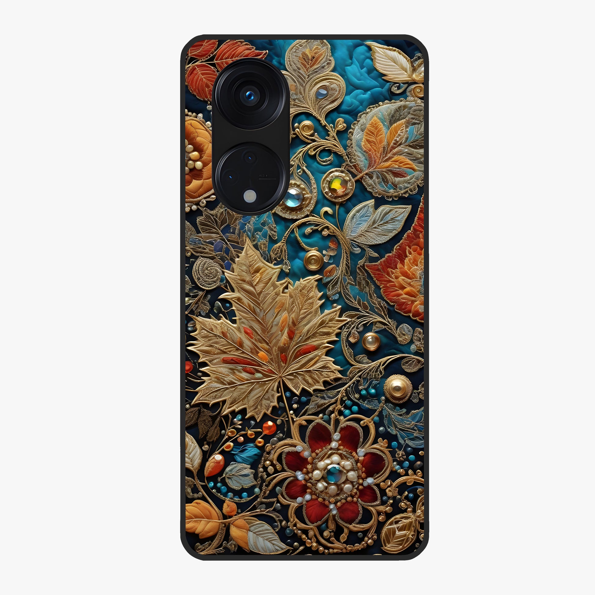 Royal Jewel Garden Glass Case showing flat back view with decorative floral garden artwork and glossy glass finish.