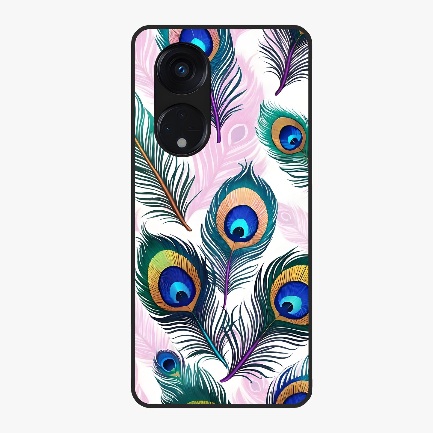 Royal Peacock Feathers Glass Case showing flat back view with colorful peacock feather artwork and glossy glass finish.