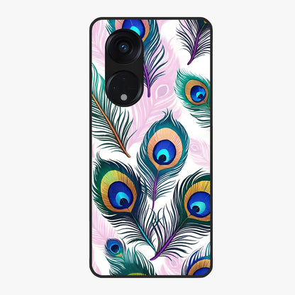 Royal Peacock Feathers Glass Case showing flat back view with colorful peacock feather artwork and glossy glass finish.
