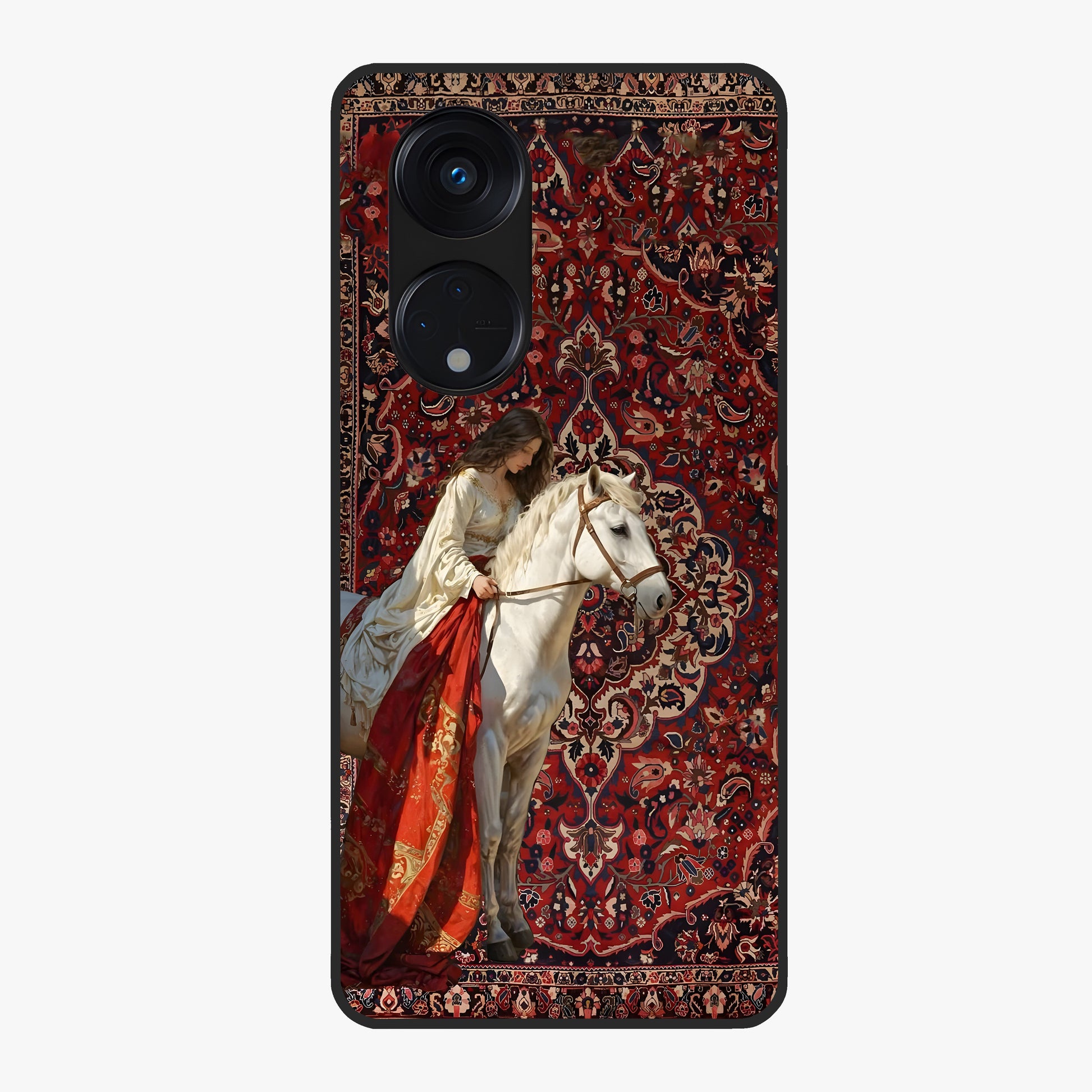 Royal Rider Tapestry Glass Case showing flat back view with majestic horse rider tapestry artwork and glossy glass finish.
